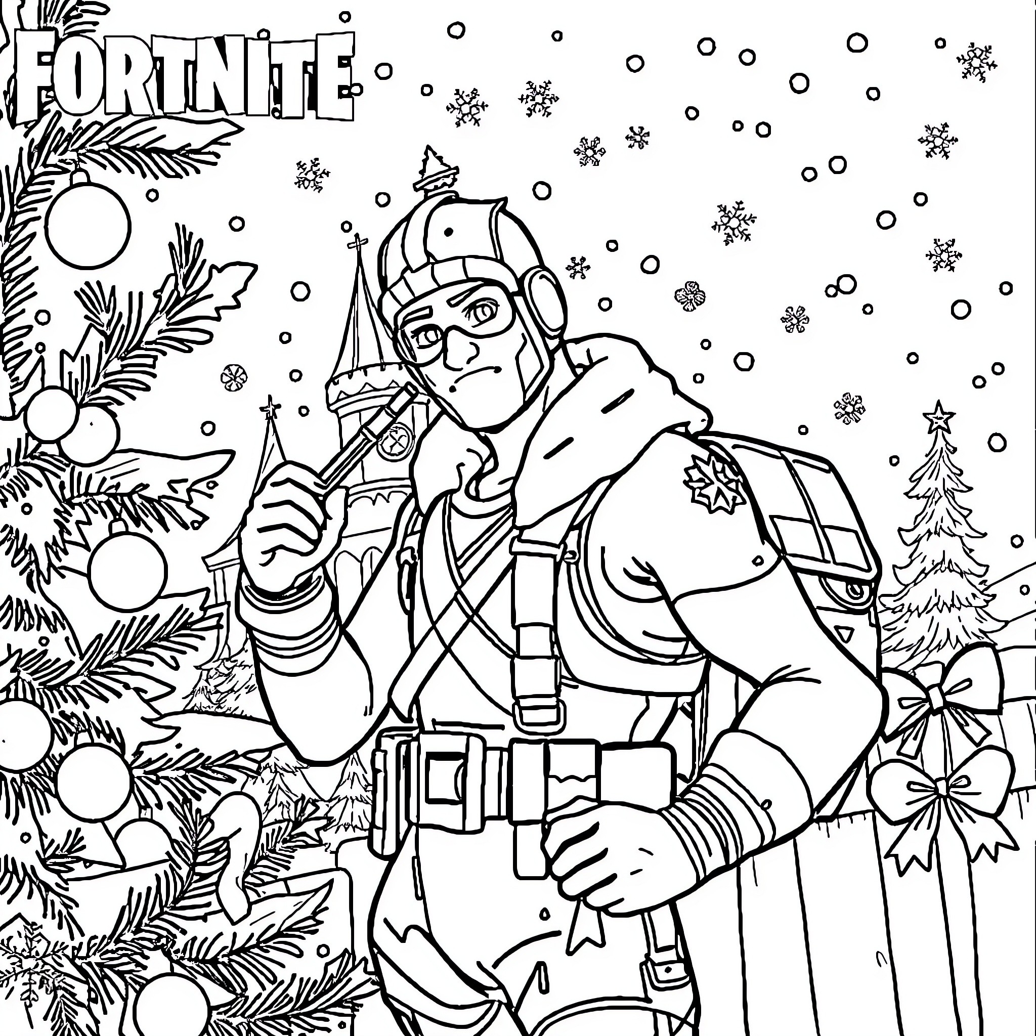 Fortnite character in winter holiday scene Coloring Page (free black-and-white line drawing printable PDF for all, from beginners to advanced learners, including children, teens, adults, and seniors)