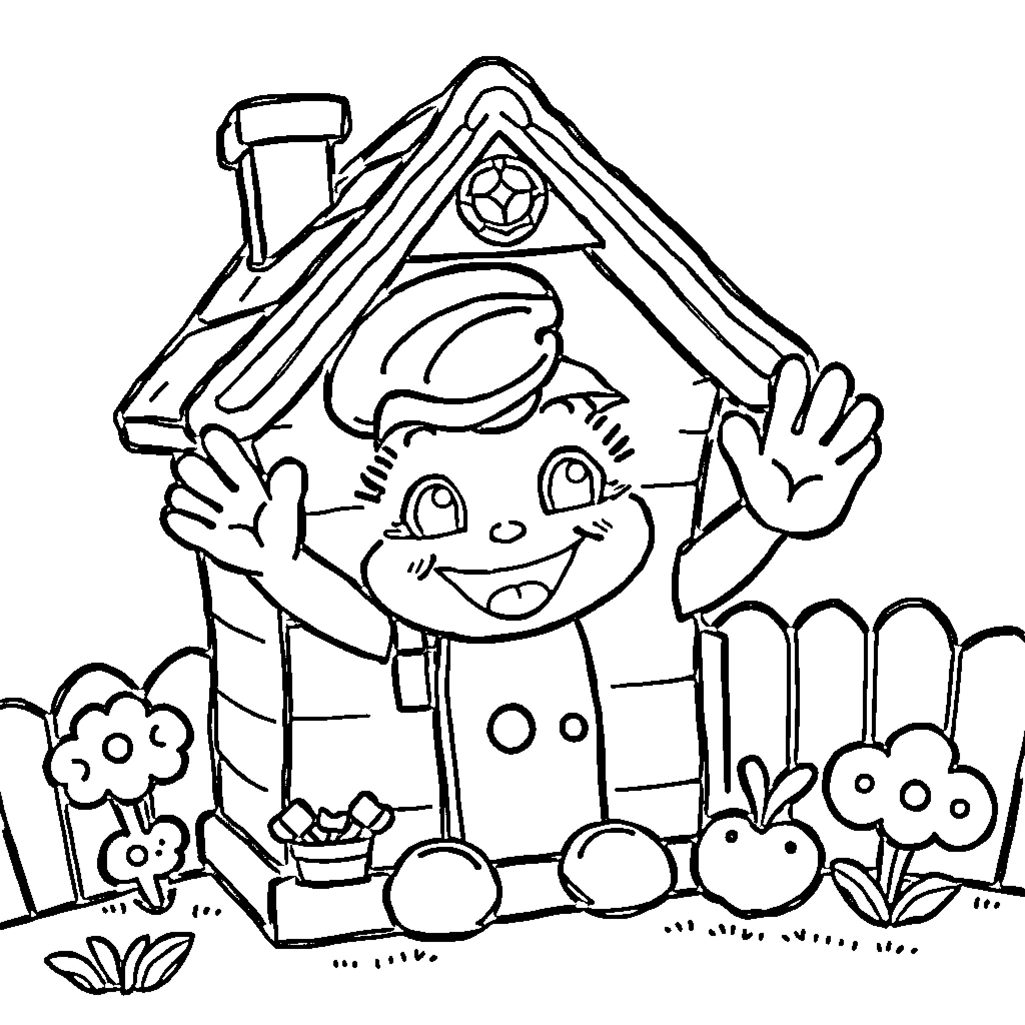 Gabby Dollhouse character playing in a garden Coloring Page (free black-and-white line drawing printable PDF for all, from beginners to advanced learners, including children, teens, adults, and seniors)