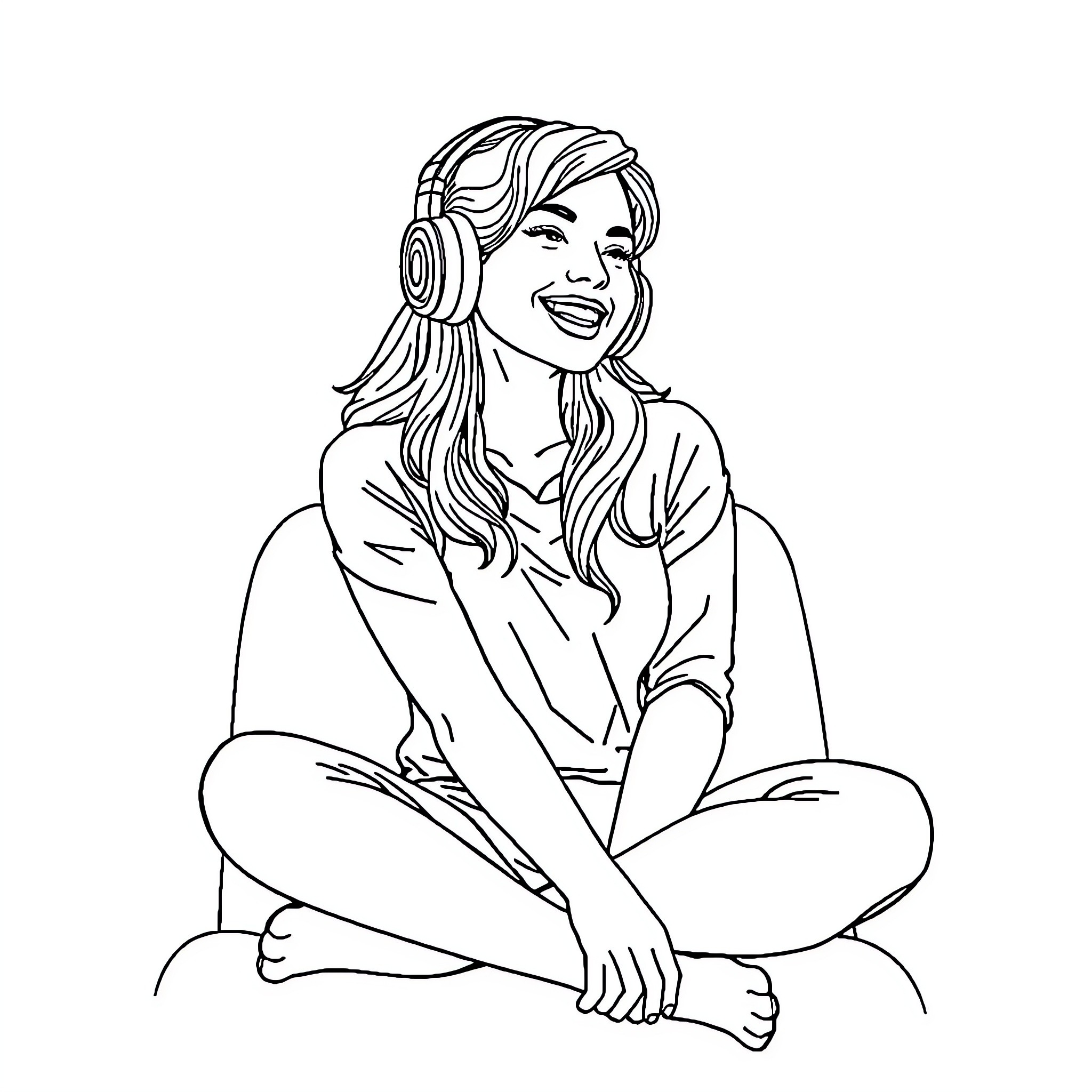 Woman enjoying music with headphones Coloring Page (free black-and-white line drawing printable PDF for all, from beginners to advanced learners, including children, teens, adults, and seniors)