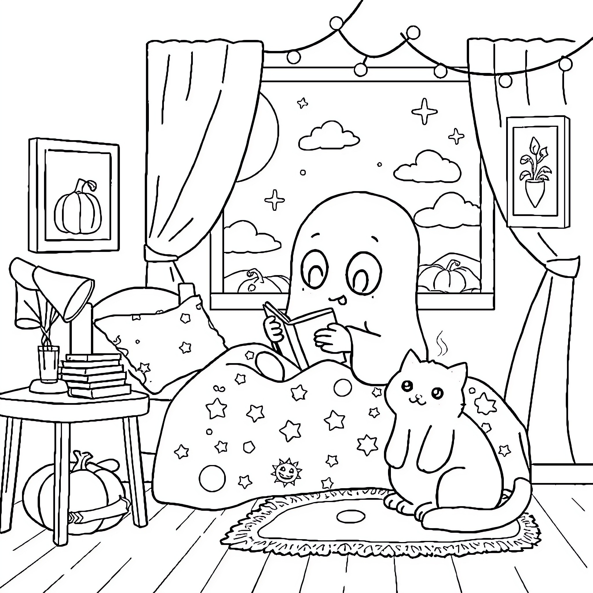 Ghost enjoying a cozy evening with a friendly cat Coloring Page (free black-and-white line drawing printable PDF for all, from beginners to advanced learners, including children, teens, adults, and seniors)