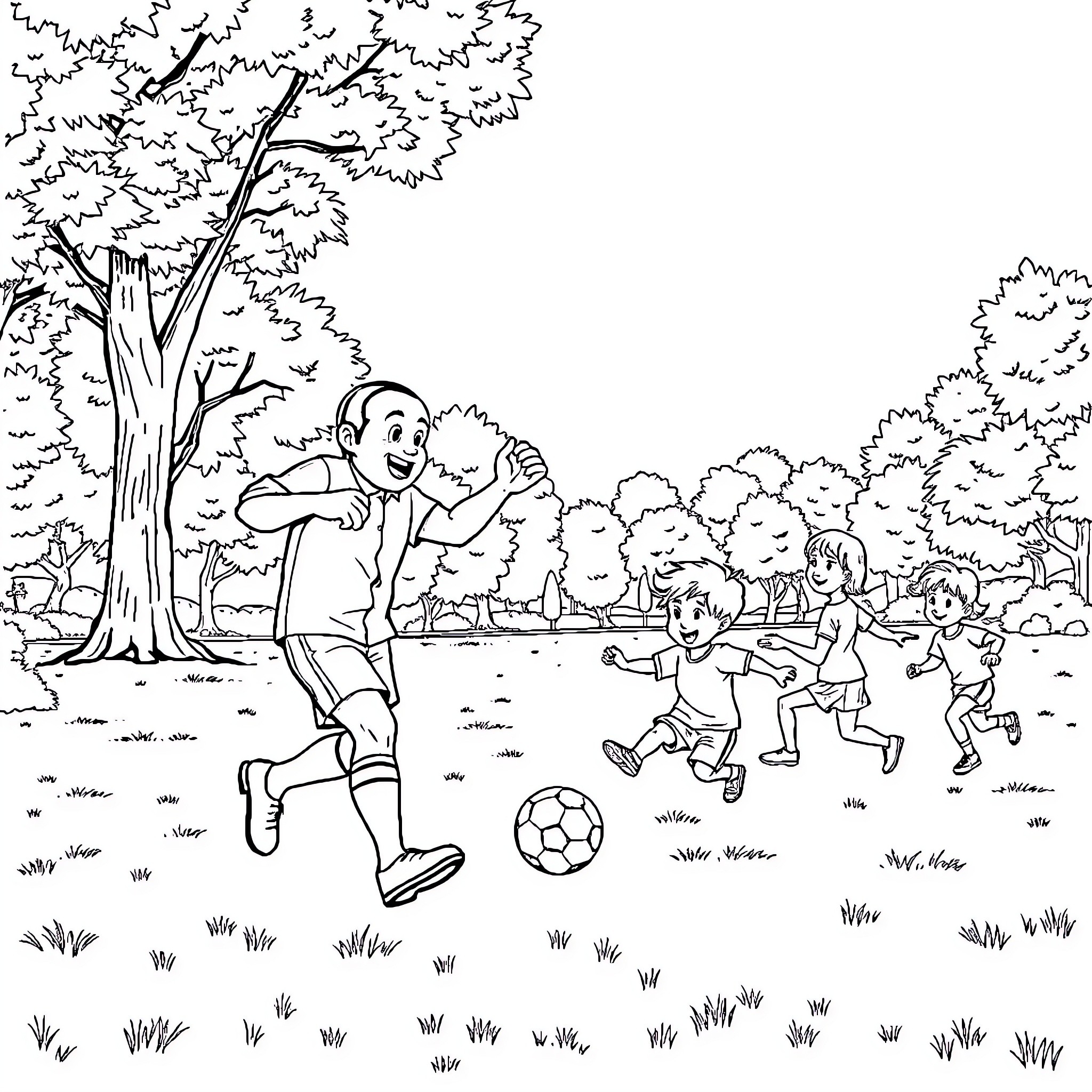 Sam the Fireman plays soccer with neighborhood children Coloring Page (free black-and-white line drawing printable PDF for all, from beginners to advanced learners, including children, teens, adults, and seniors)