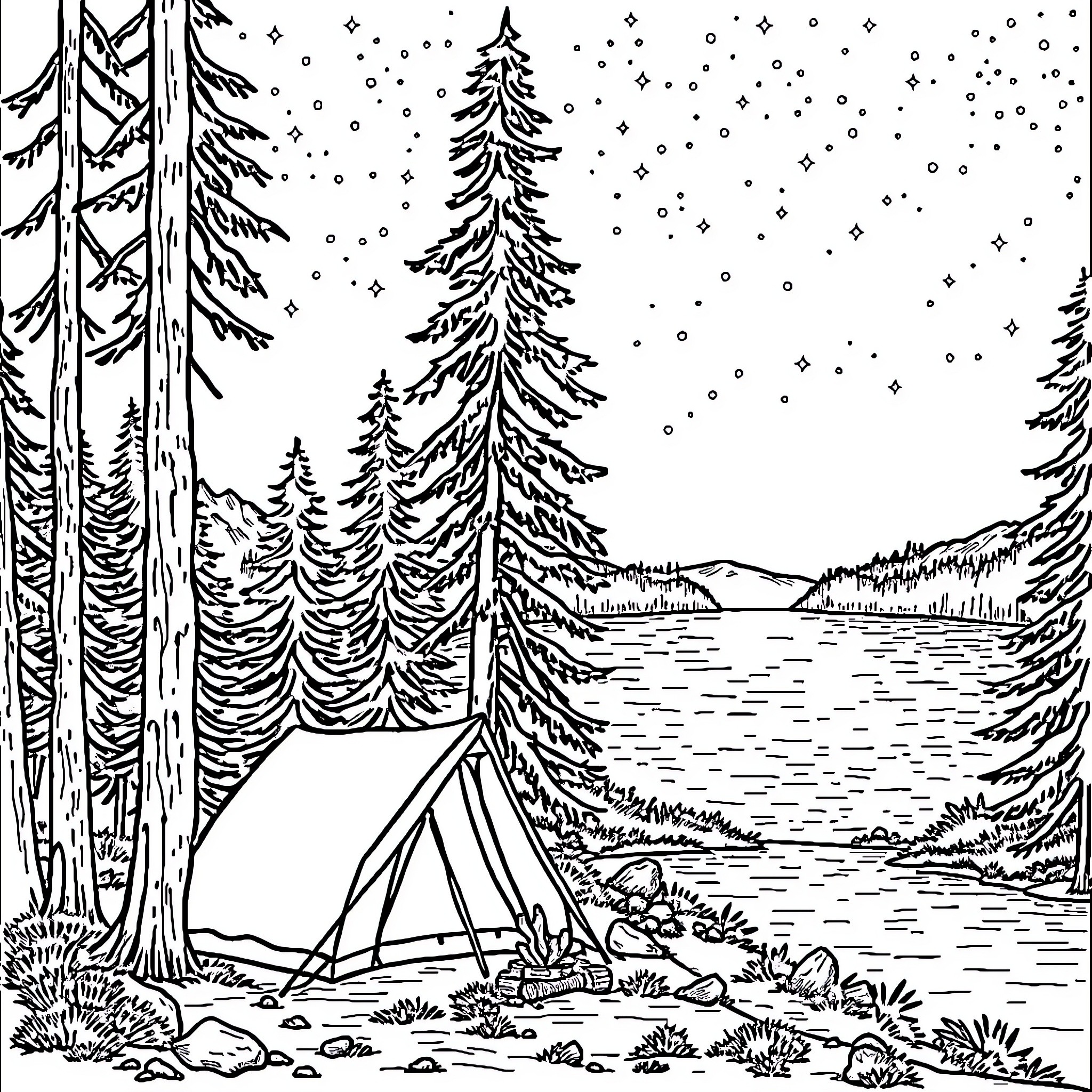 Camping in the snowy forest Coloring Page (free black-and-white line drawing printable PDF for all, from beginners to advanced learners, including children, teens, adults, and seniors)