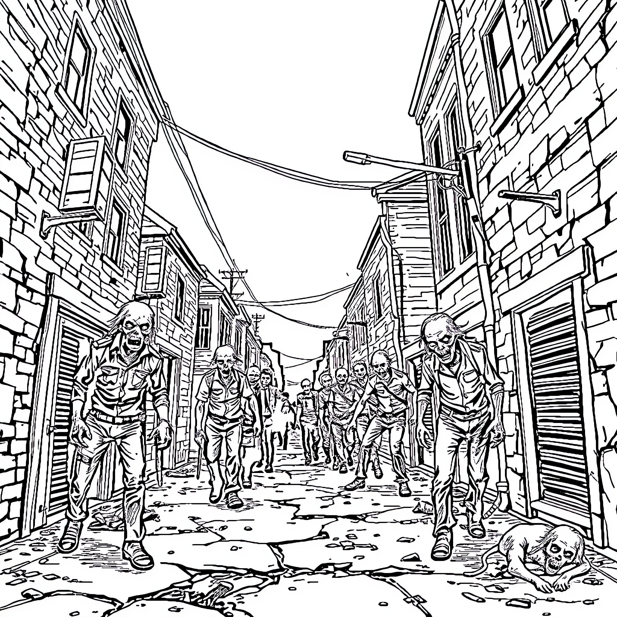 Zombie Horde Invading Desolate Urban Landscape Coloring Page (free black-and-white line drawing printable PDF for all, from beginners to advanced learners, including children, teens, adults, and seniors)
