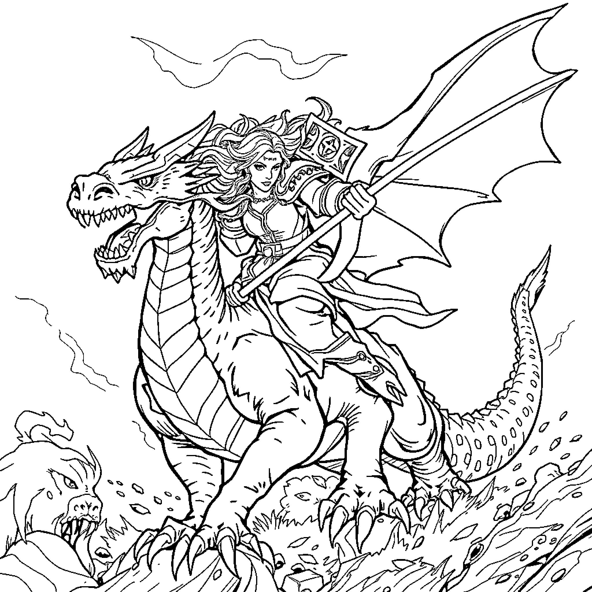 Dragon Warrior Princess Battling Fearsome Dragon Coloring Page (free black-and-white line drawing printable PDF for all, from beginners to advanced learners, including children, teens, adults, and seniors)