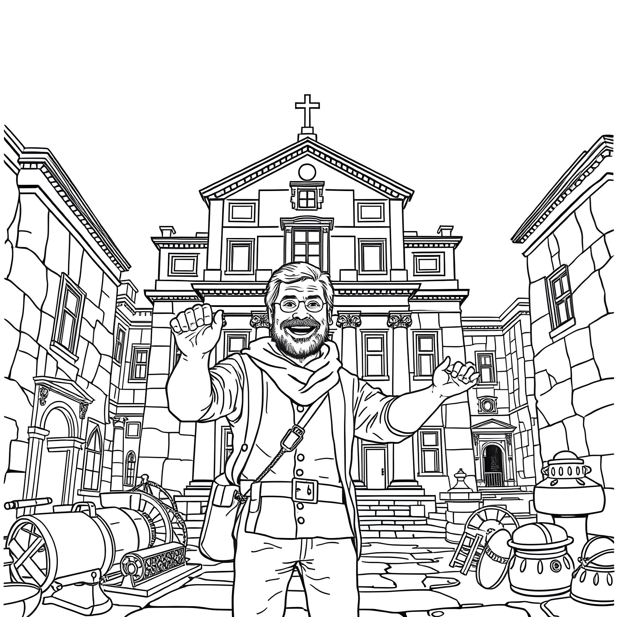 Historian Documenting Historic Church Architecture Coloring Page (free black-and-white line drawing printable PDF for all, from beginners to advanced learners, including children, teens, adults, and seniors)