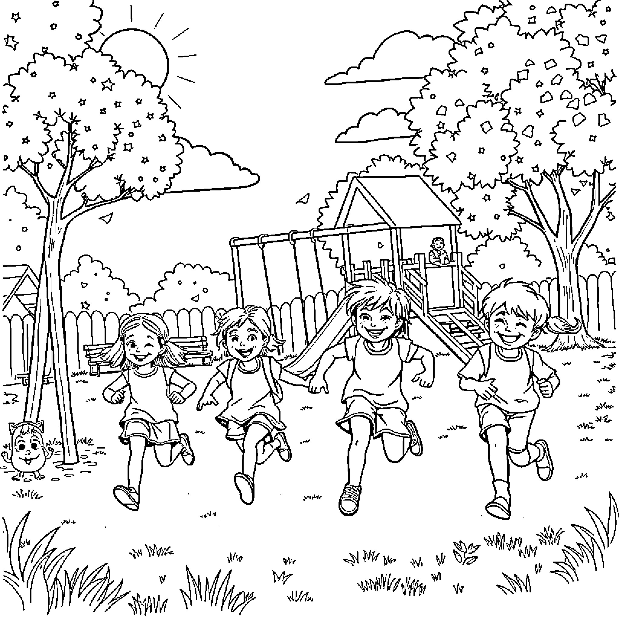 Students Playing Joyfully on Outdoor Playground Coloring Page (free black-and-white line drawing printable PDF for all, from beginners to advanced learners, including children, teens, adults, and seniors)