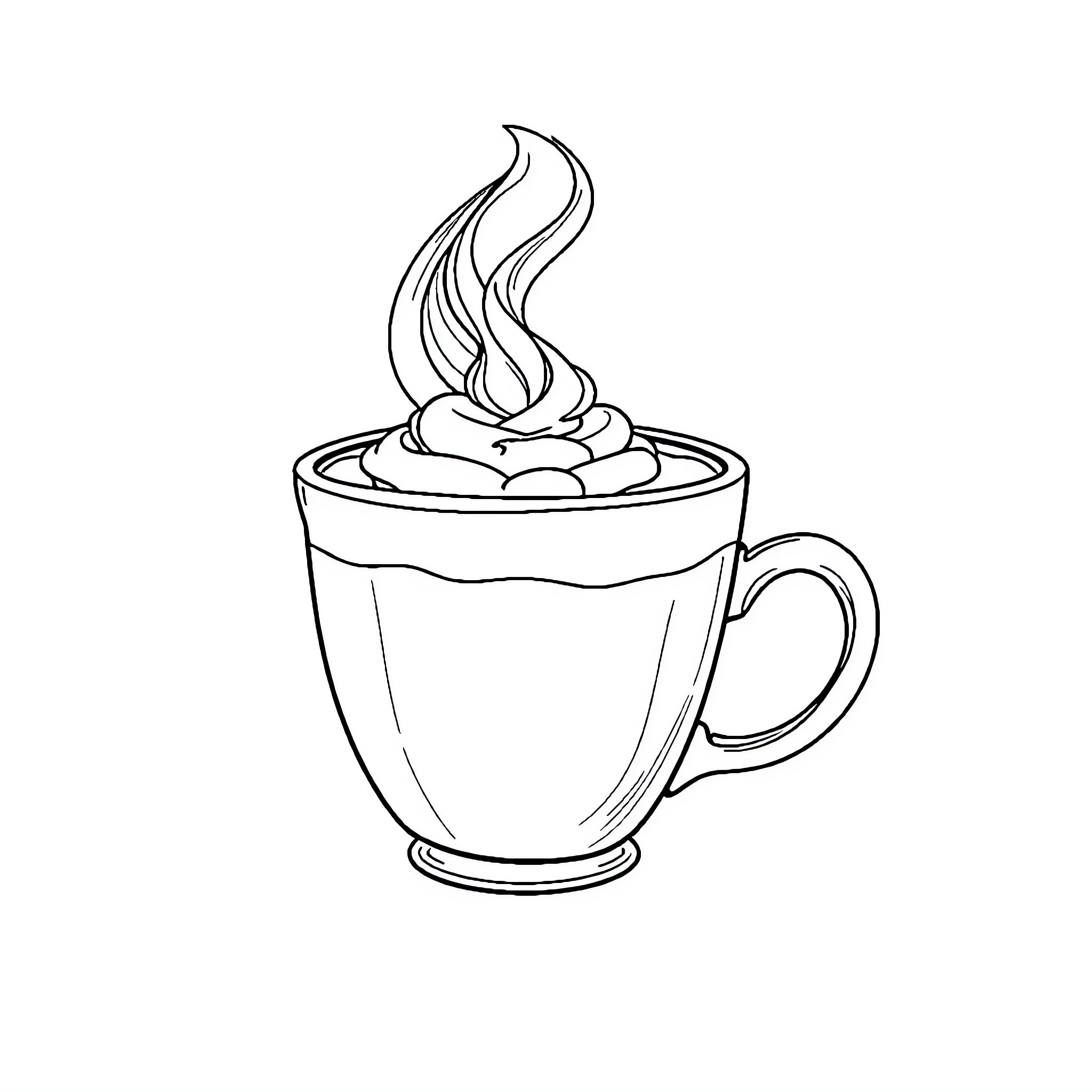 Cappuccino with whipped cream in a mug Coloring Page (free black-and-white line drawing printable PDF for all, from beginners to advanced learners, including children, teens, adults, and seniors)