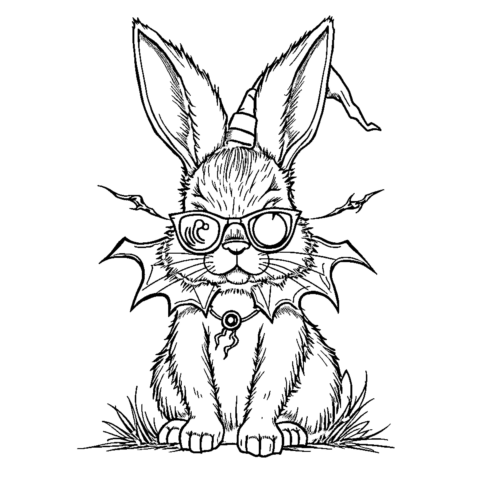 Bunny in quirky costume and accessories Coloring Page (free black-and-white line drawing printable PDF for all, from beginners to advanced learners, including children, teens, adults, and seniors)
