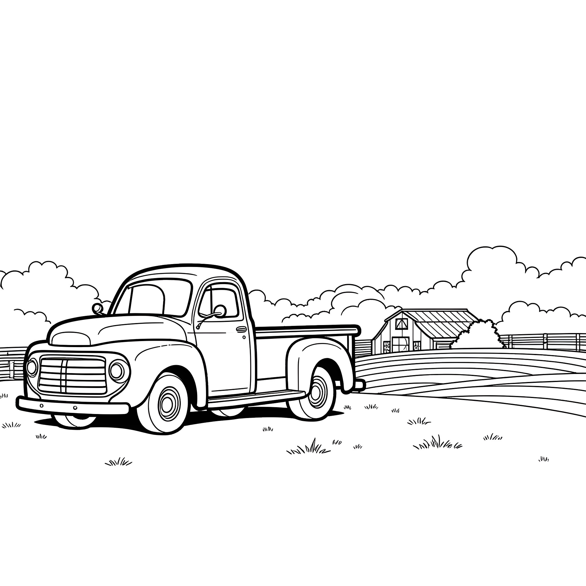 Truck Hauling Goods through Countryside Landscape Coloring Page (free black-and-white line drawing printable PDF for all, from beginners to advanced learners, including children, teens, adults, and seniors)