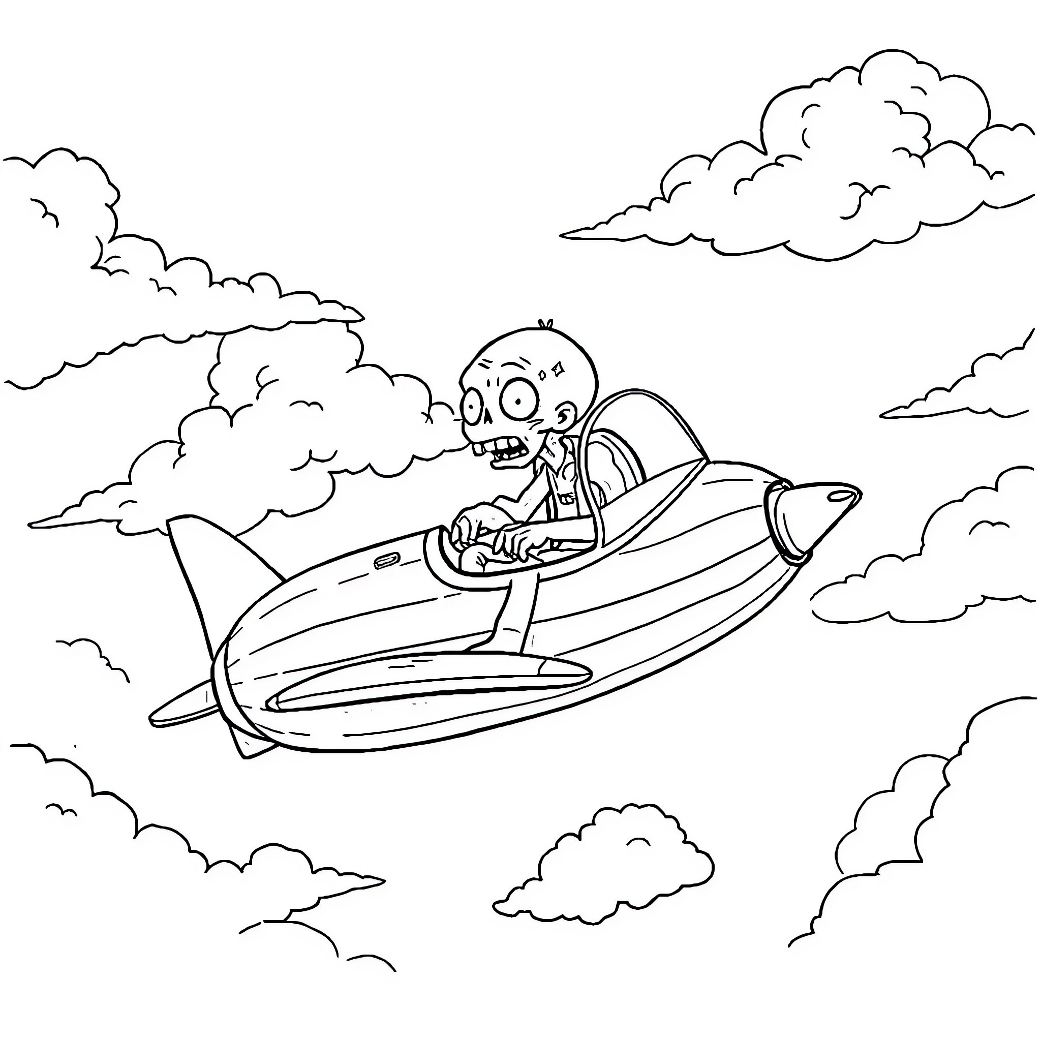 Zombie in futuristic flying vehicle among clouds Coloring Page (free black-and-white line drawing printable PDF for all, from beginners to advanced learners, including children, teens, adults, and seniors)