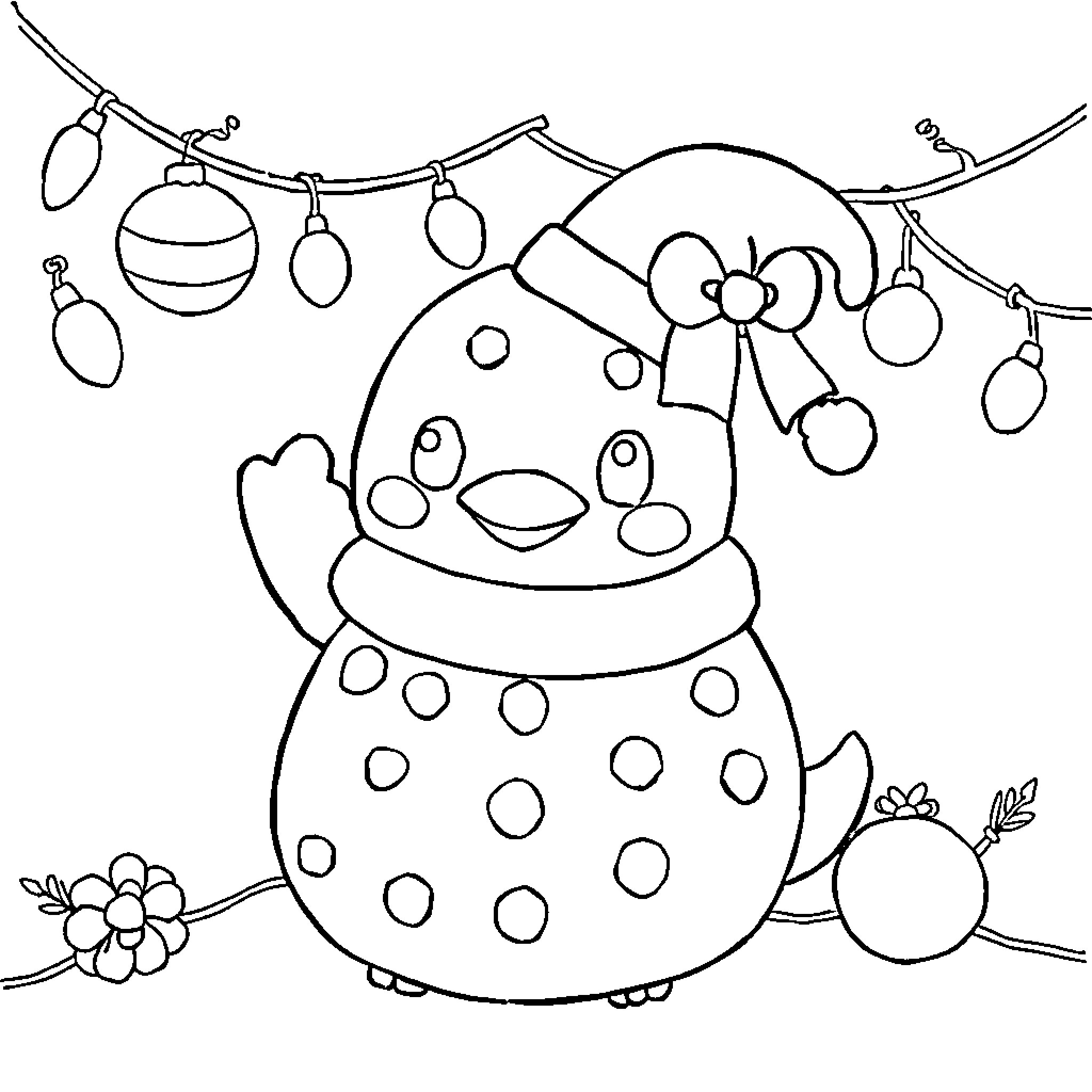 Labubu playing happily with ornaments in the winter Coloring Page (free black-and-white line drawing printable PDF for all, from beginners to advanced learners, including children, teens, adults, and seniors)