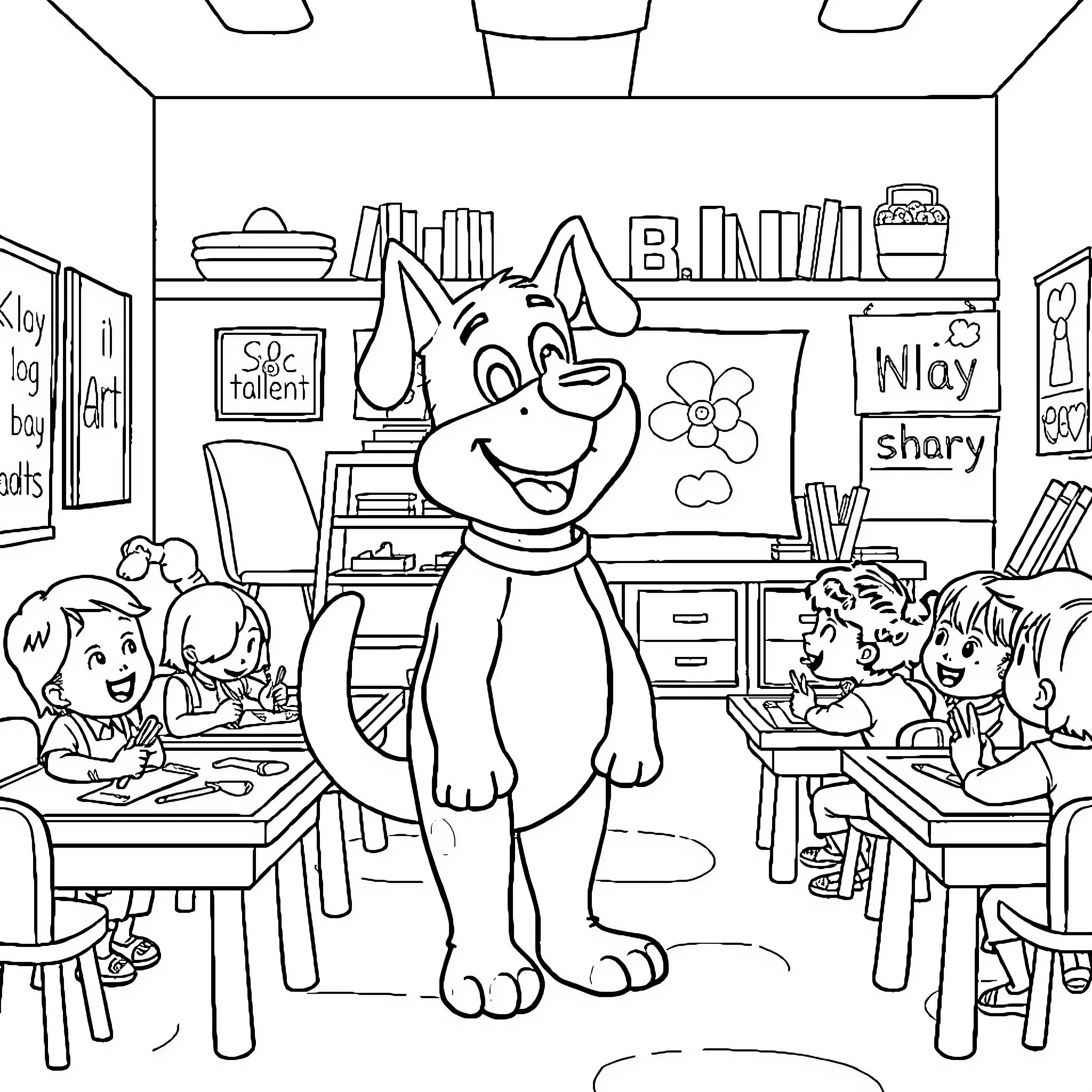 Bluey enjoying time with family in classroom Coloring Page (free black-and-white line drawing printable PDF for all, from beginners to advanced learners, including children, teens, adults, and seniors)