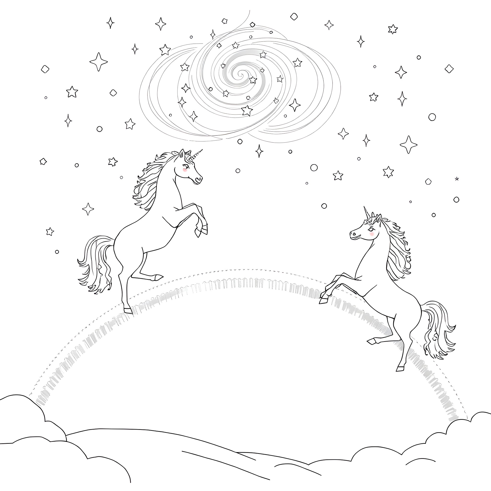 Unicorn dancing under starry night sky Coloring Page (free black-and-white line drawing printable PDF for all, from beginners to advanced learners, including children, teens, adults, and seniors)