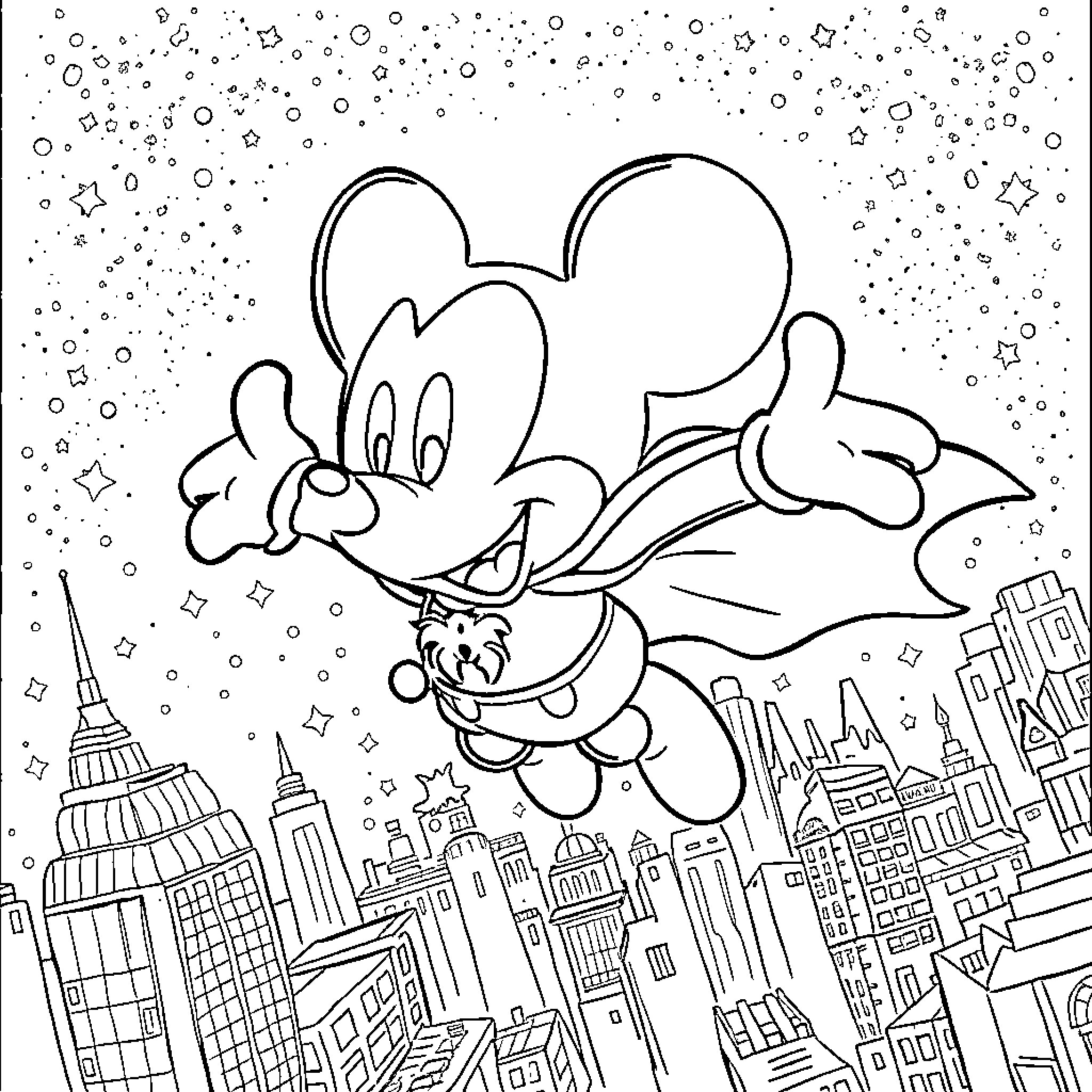 Mickey Flying High Over the City Coloring Page (free black-and-white line drawing printable PDF for all, from beginners to advanced learners, including children, teens, adults, and seniors)