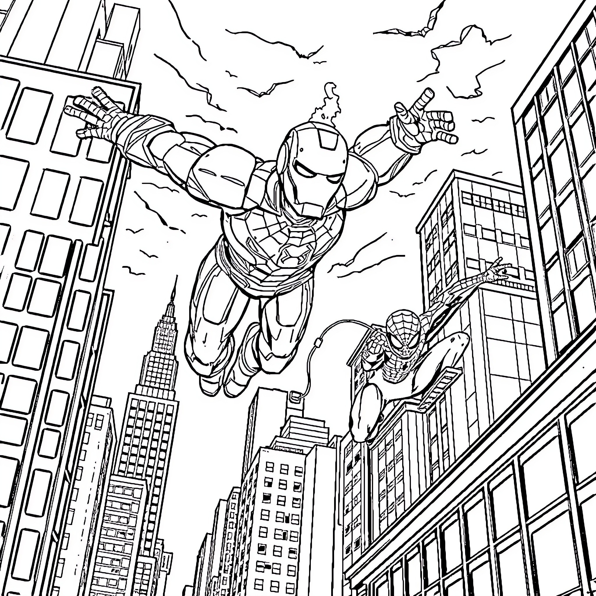 Iron Man Soaring High in the City Skyline Coloring Page (free black-and-white line drawing printable PDF for all, from beginners to advanced learners, including children, teens, adults, and seniors)