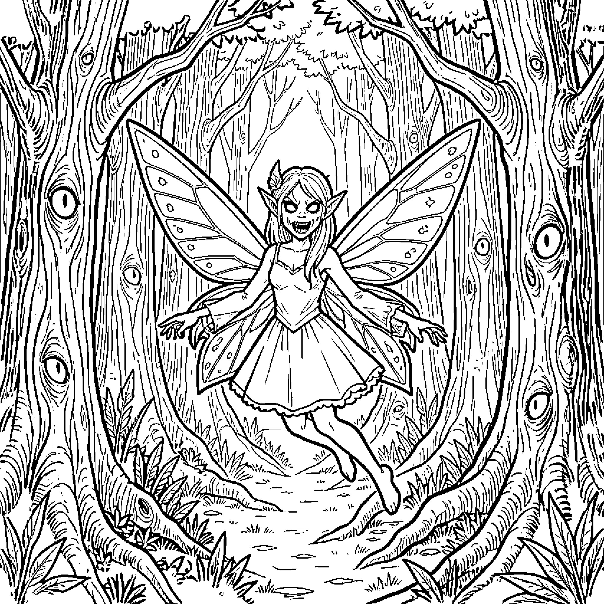 Fairy Leaping Through the Enchanted Forest Coloring Page (free black-and-white line drawing printable PDF for all, from beginners to advanced learners, including children, teens, adults, and seniors)