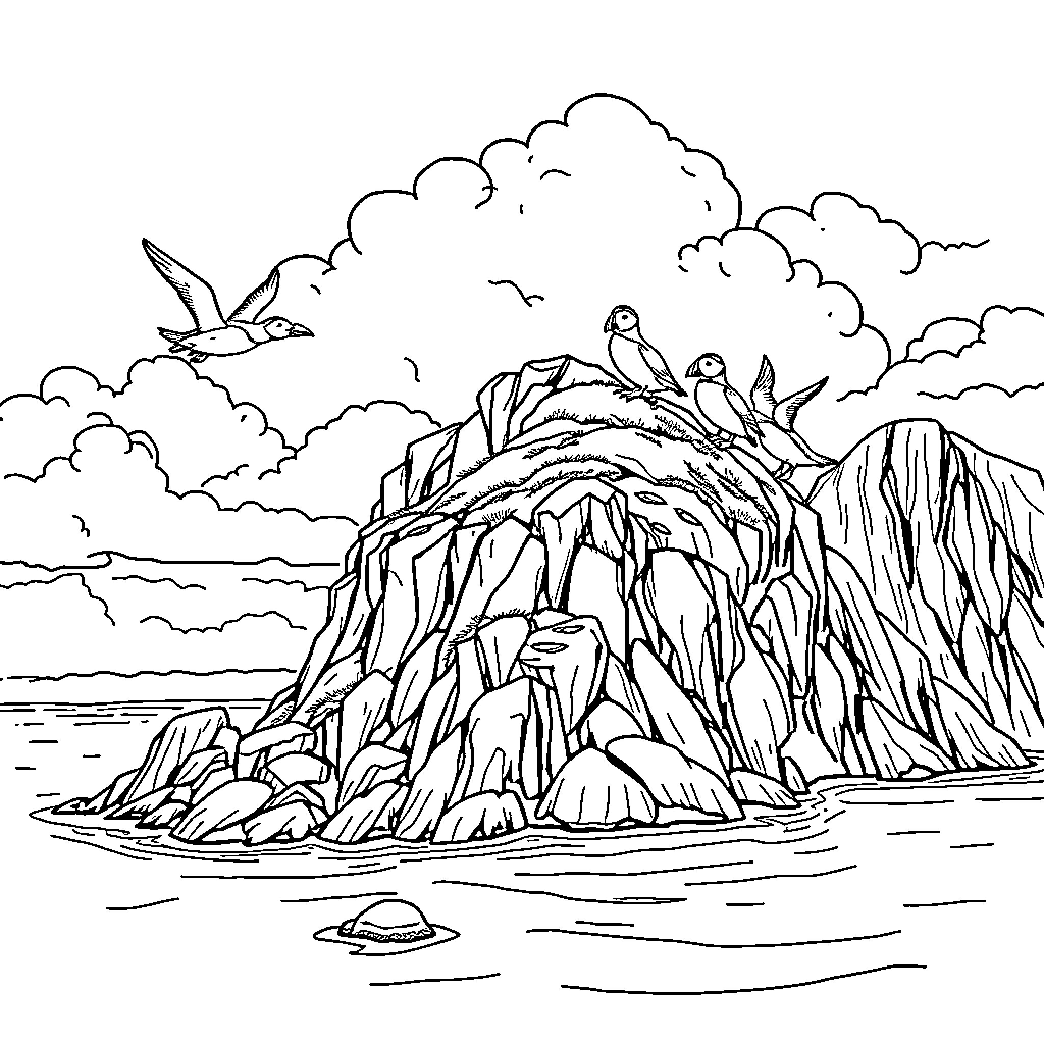Puffins perched on a rocky coastal cliff Coloring Page (free black-and-white line drawing printable PDF for all, from beginners to advanced learners, including children, teens, adults, and seniors)