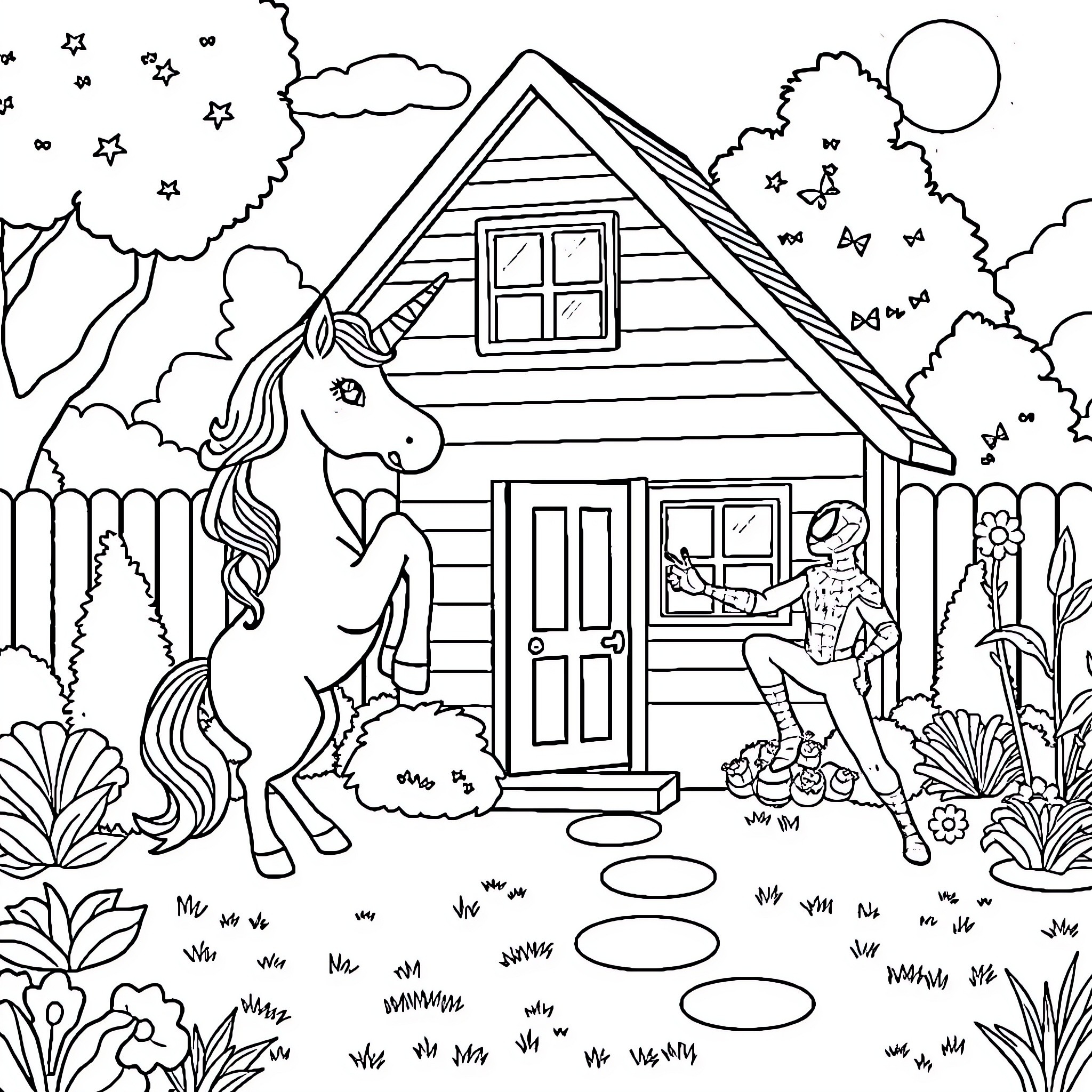 Unicorn guarding a magical cabin in the forest Coloring Page (free black-and-white line drawing printable PDF for all, from beginners to advanced learners, including children, teens, adults, and seniors)