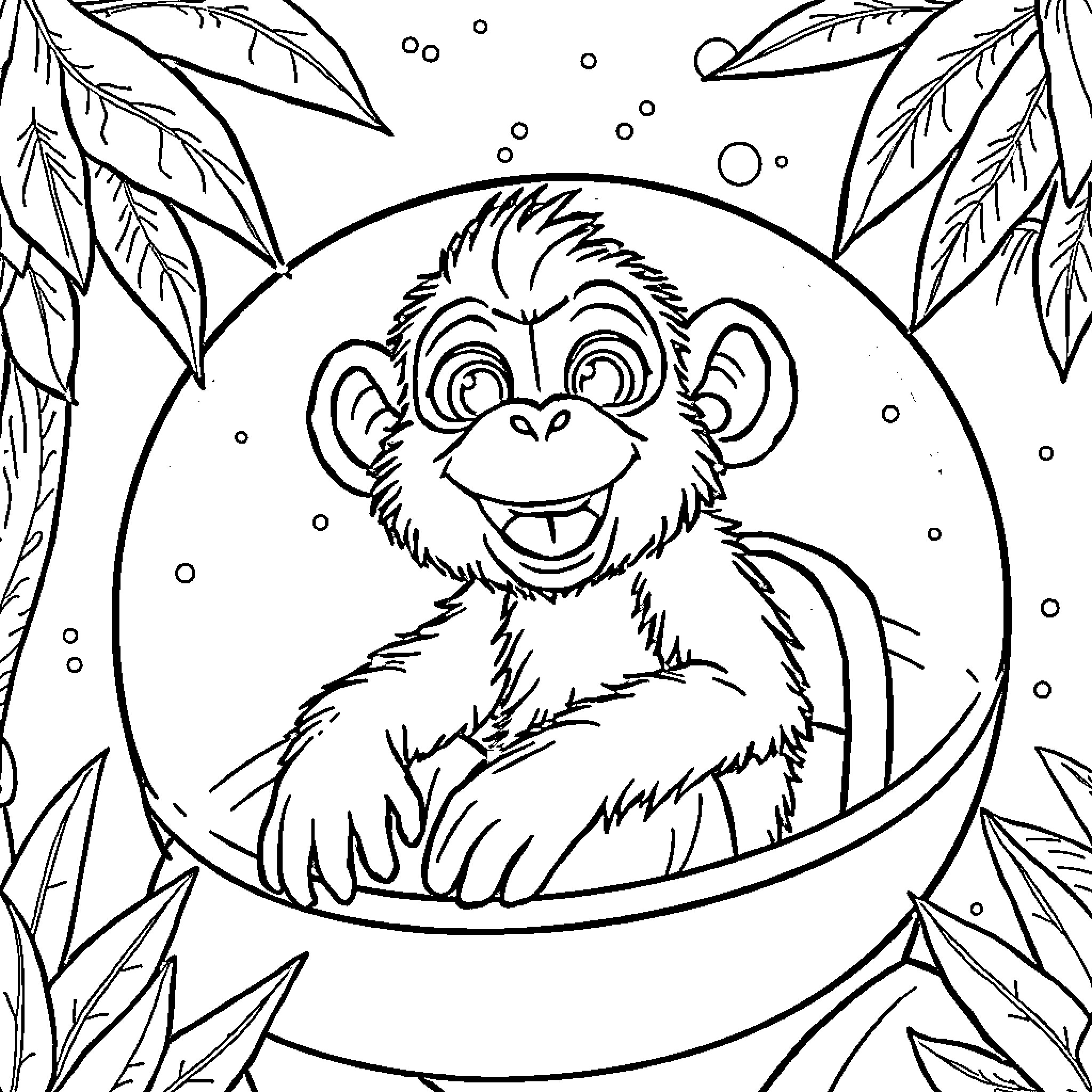 Jungle Animal playing happily in the forest Coloring Page (free black-and-white line drawing printable PDF for all, from beginners to advanced learners, including children, teens, adults, and seniors)