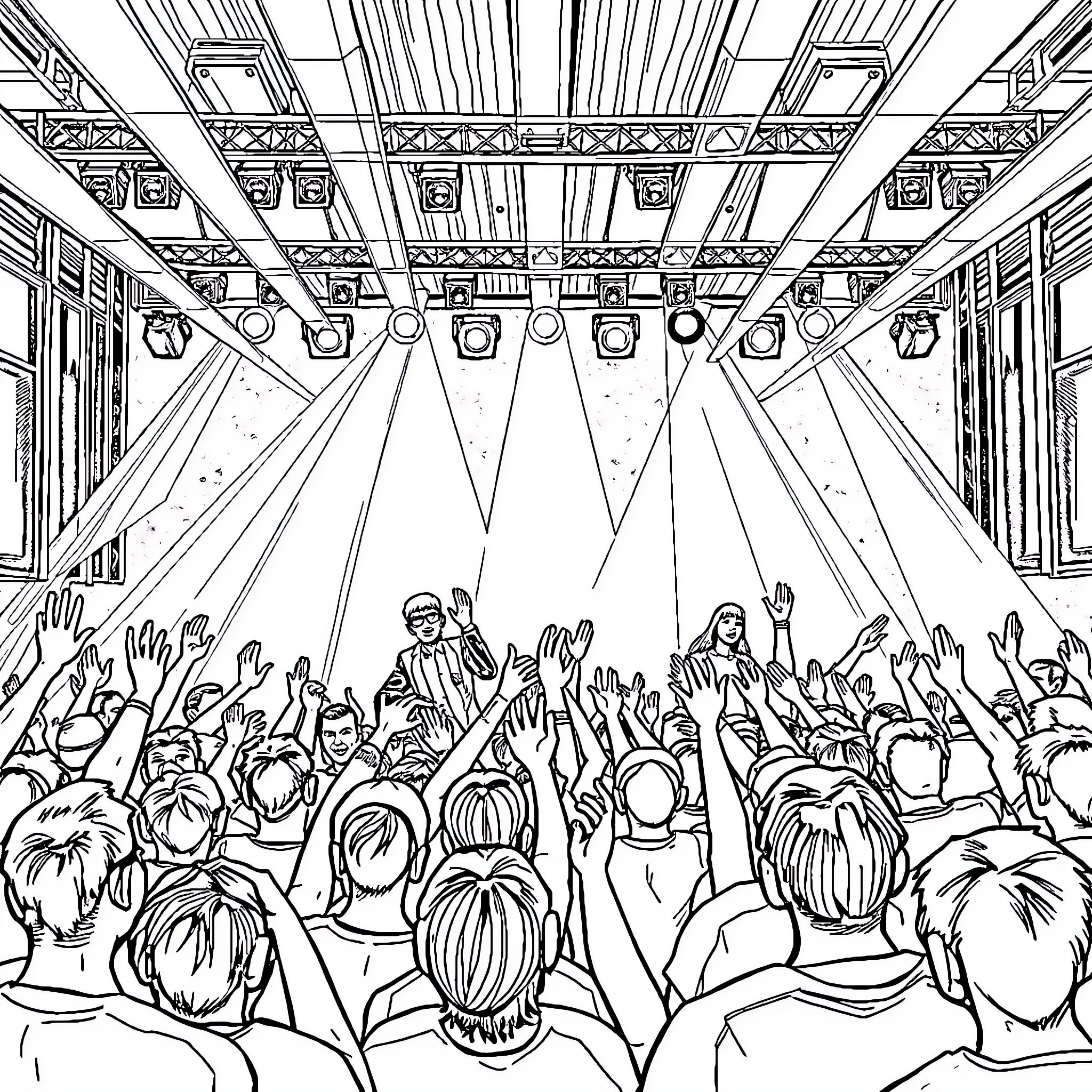 Backstreet Boys Performing on Stage with Crowd Coloring Page (free black-and-white line drawing printable PDF for all, from beginners to advanced learners, including children, teens, adults, and seniors)