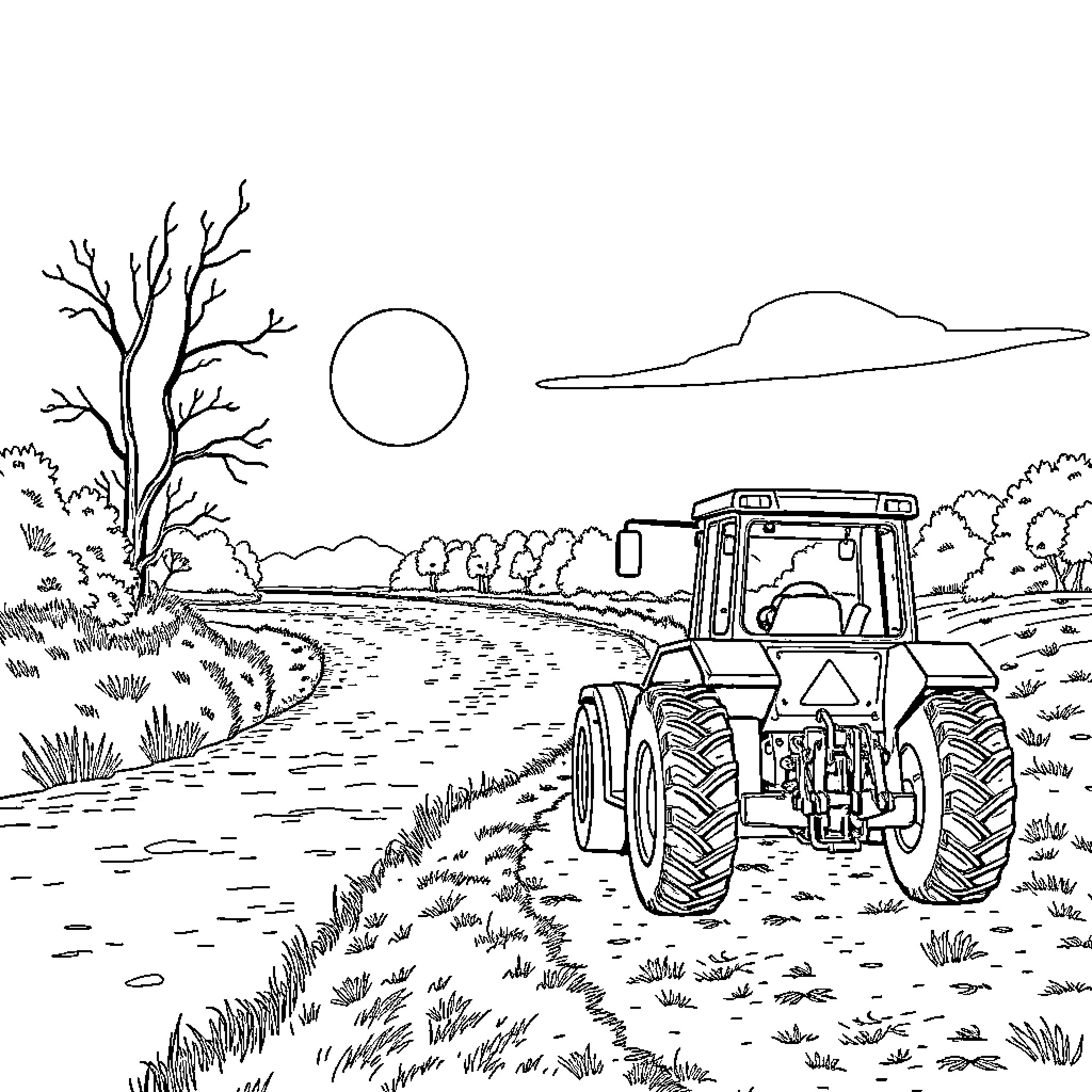 Tractor plowing through a scenic countryside landscape Coloring Page (free black-and-white line drawing printable PDF for all, from beginners to advanced learners, including children, teens, adults, and seniors)
