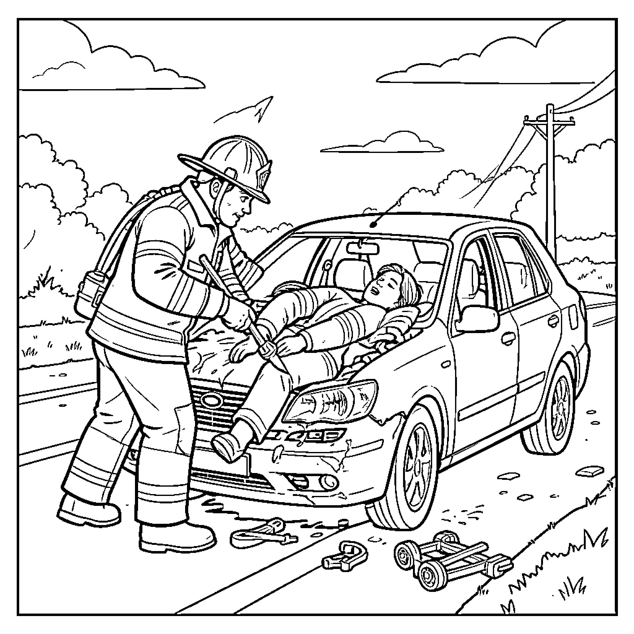 Pompier rescuing a person from a car accident Coloring Page (free black-and-white line drawing printable PDF for all, from beginners to advanced learners, including children, teens, adults, and seniors)