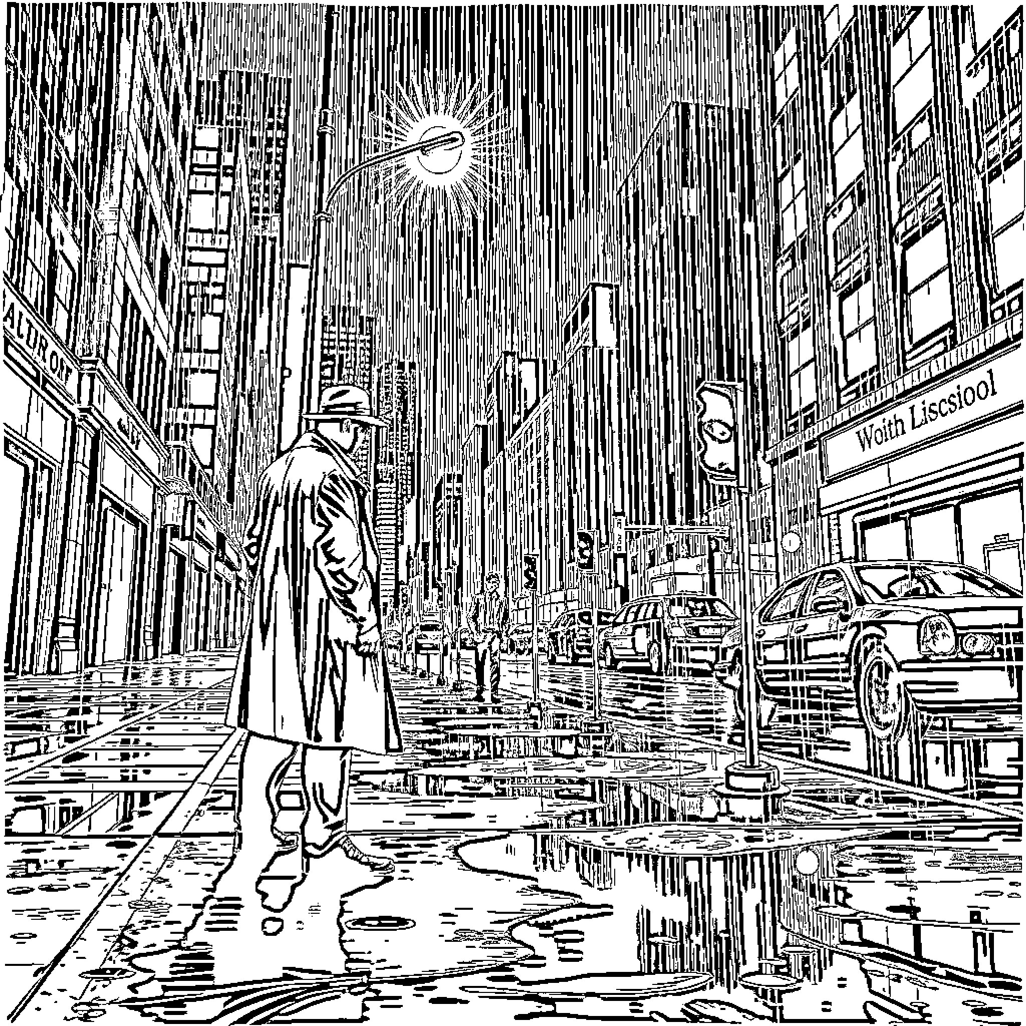 Detective in Rainy Urban City Landscape Coloring Page (free black-and-white line drawing printable PDF for all, from beginners to advanced learners, including children, teens, adults, and seniors)