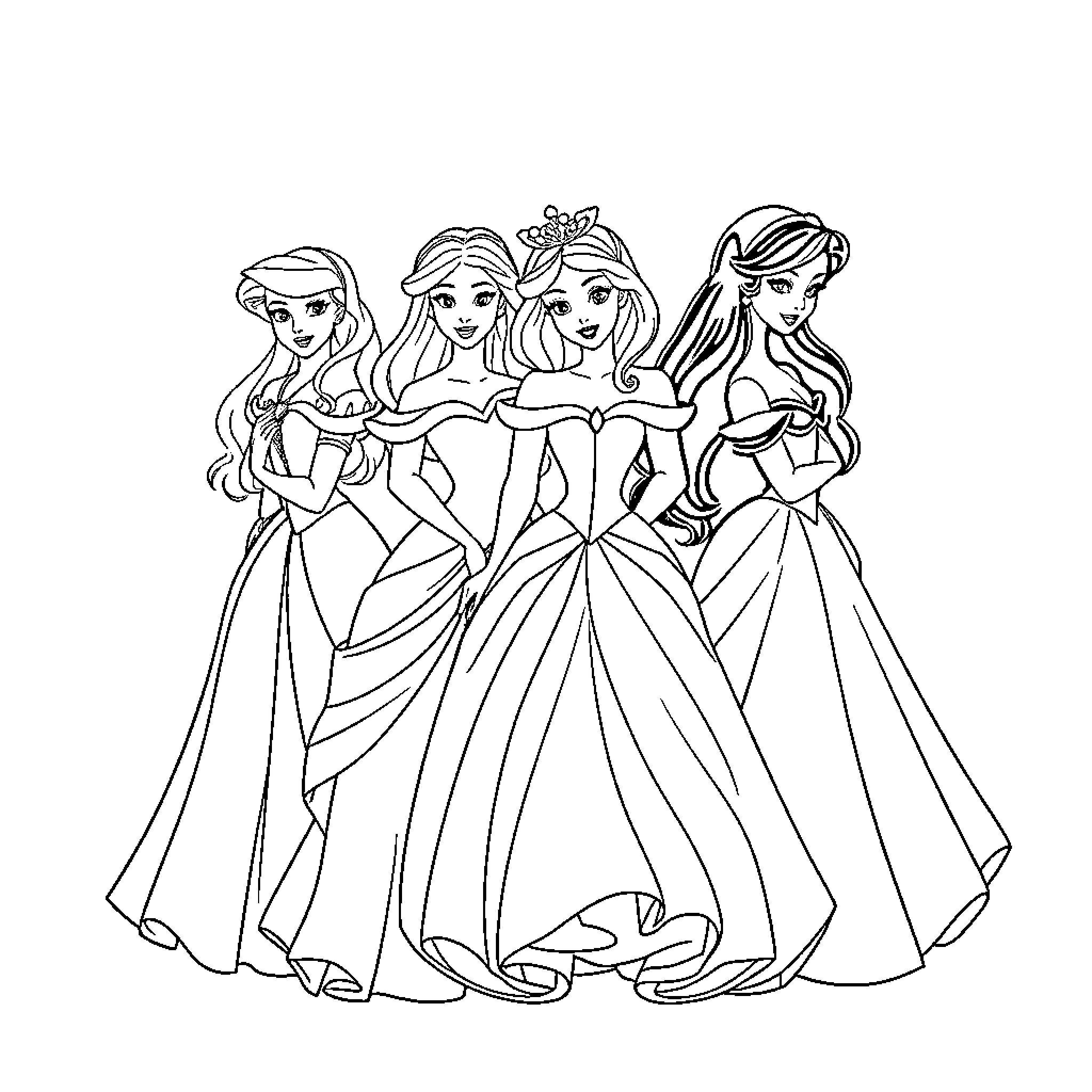 Princess Beauties in Elegant Dresses Coloring Page (free black-and-white line drawing printable PDF for all, from beginners to advanced learners, including children, teens, adults, and seniors)