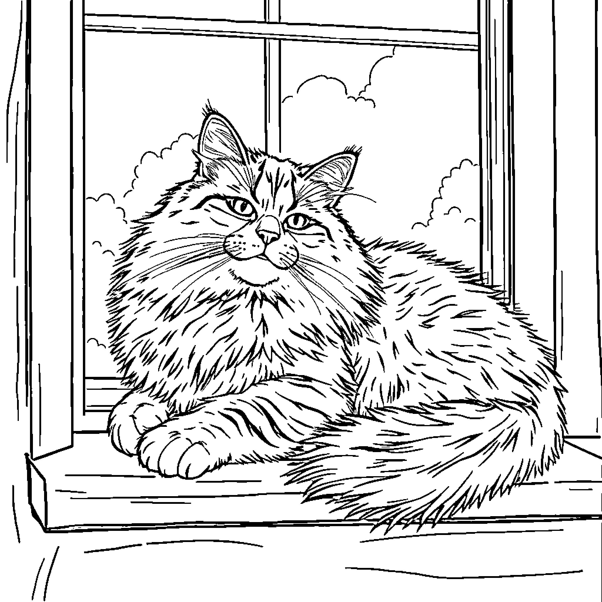 Maine Coon relaxing peacefully by the window Coloring Page (free black-and-white line drawing printable PDF for all, from beginners to advanced learners, including children, teens, adults, and seniors)