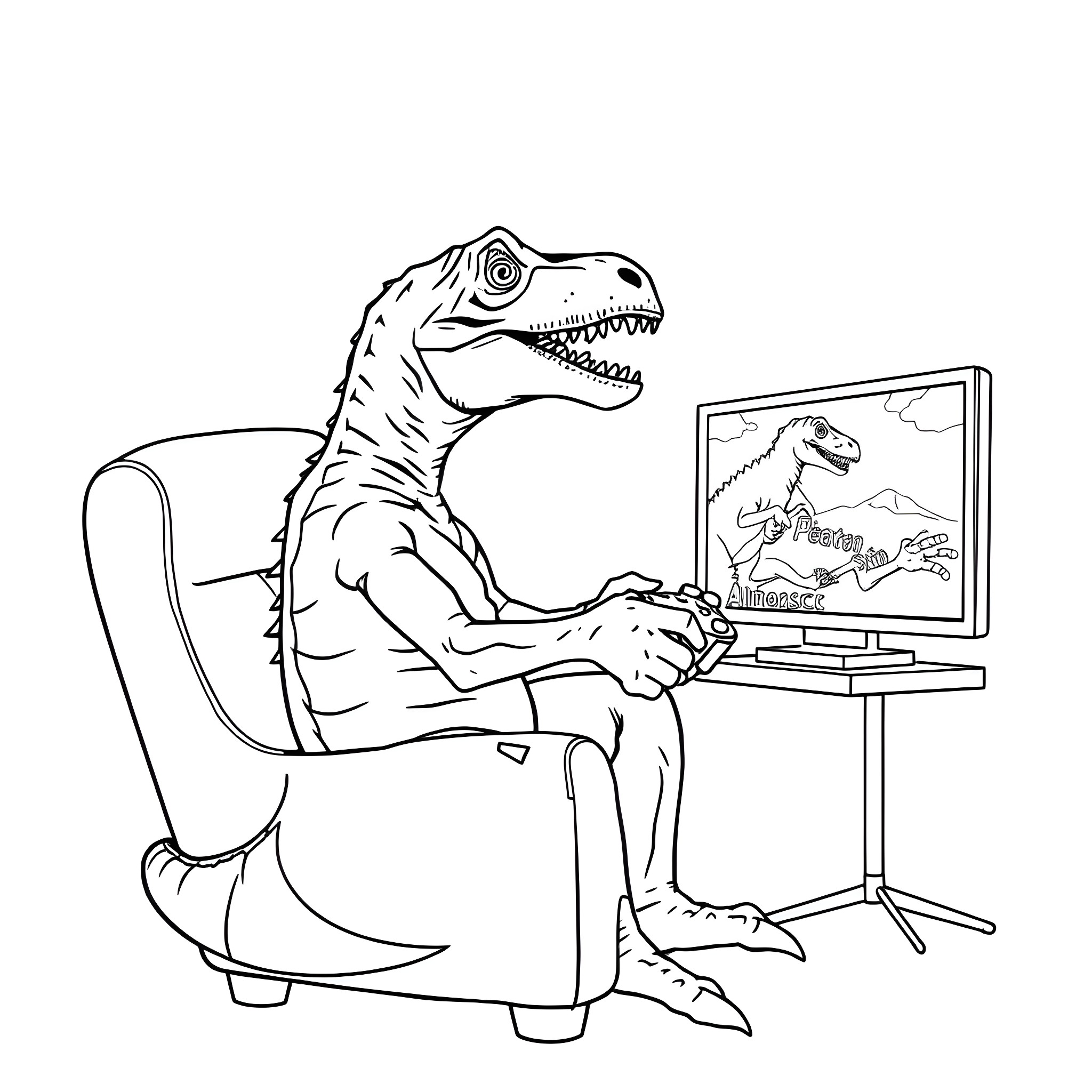 Raptor enjoying a documentary on TV Coloring Page (free black-and-white line drawing printable PDF for all, from beginners to advanced learners, including children, teens, adults, and seniors)