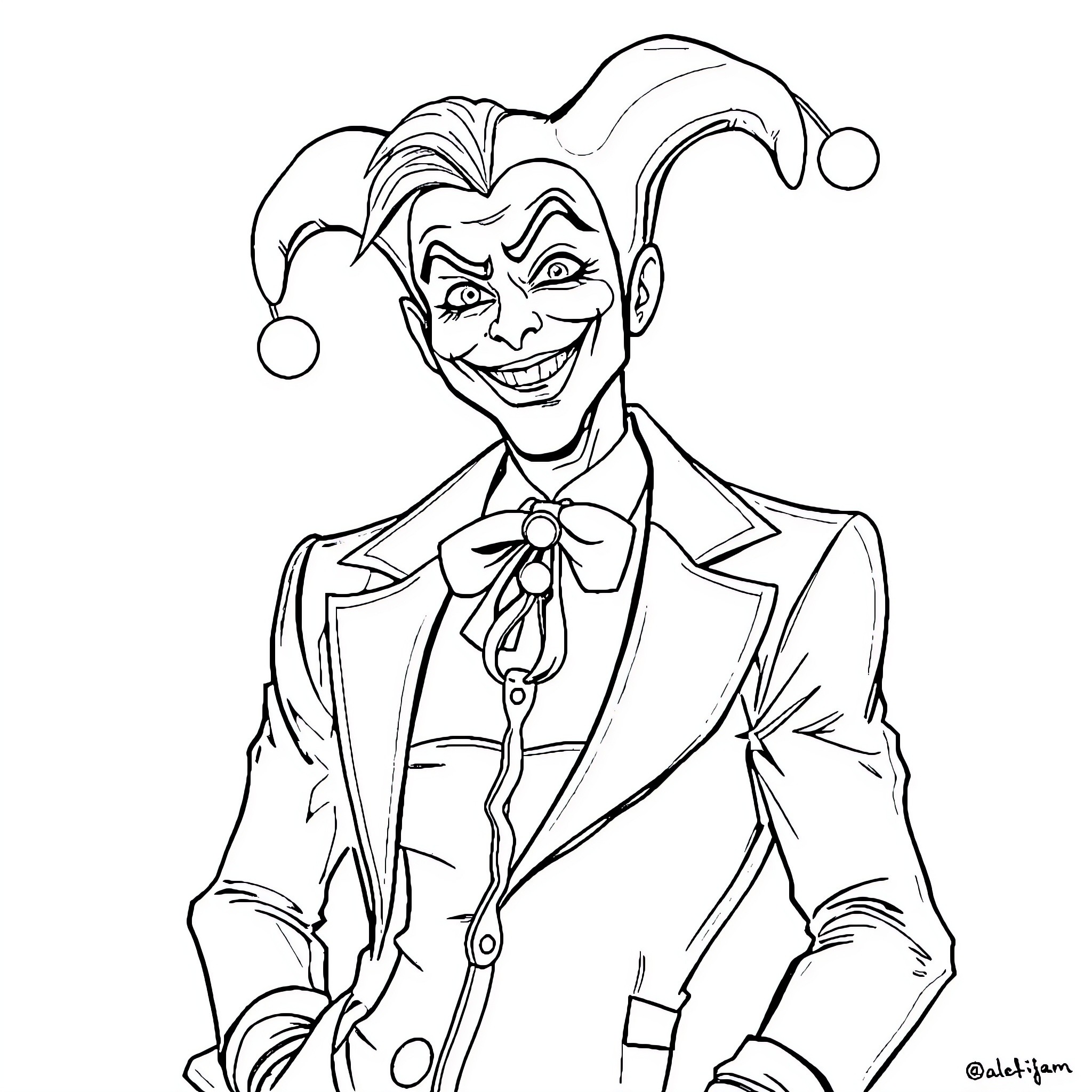 Joker with mischievous grin and jester hat Coloring Page (free black-and-white line drawing printable PDF for all, from beginners to advanced learners, including children, teens, adults, and seniors)