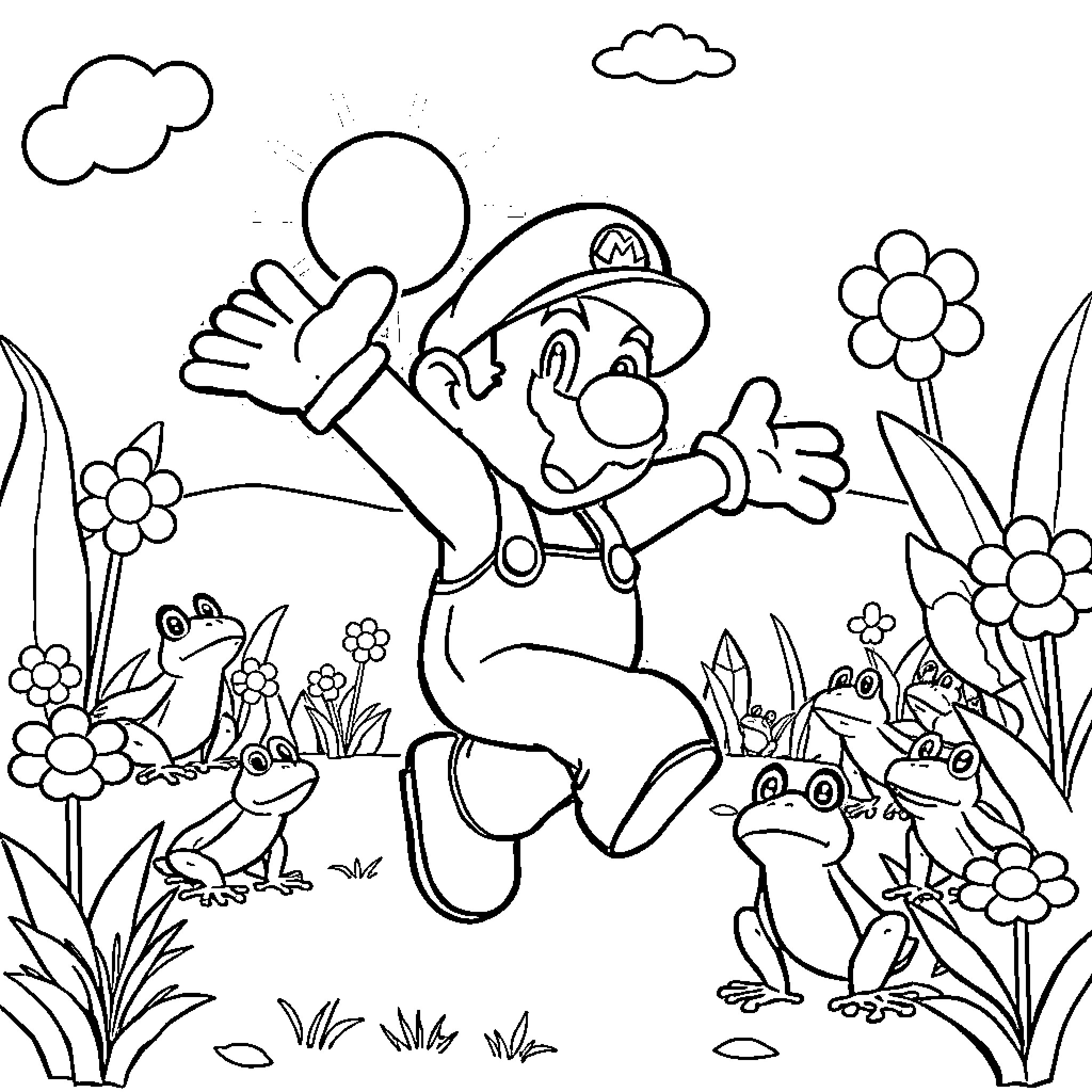 Mario Jumping Playfully in a Floral Scene Coloring Page (free black-and-white line drawing printable PDF for all, from beginners to advanced learners, including children, teens, adults, and seniors)