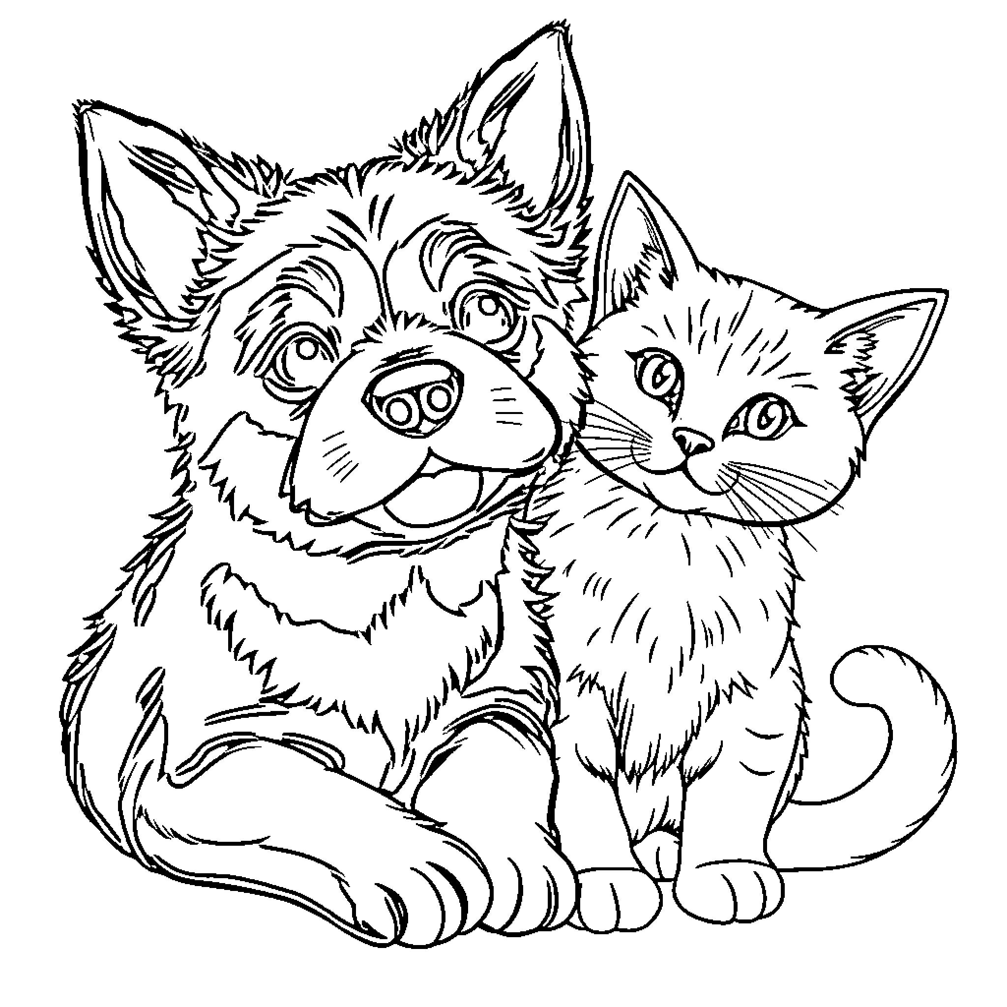 Dog and Cat sitting together happily Coloring Page (free black-and-white line drawing printable PDF for all, from beginners to advanced learners, including children, teens, adults, and seniors)
