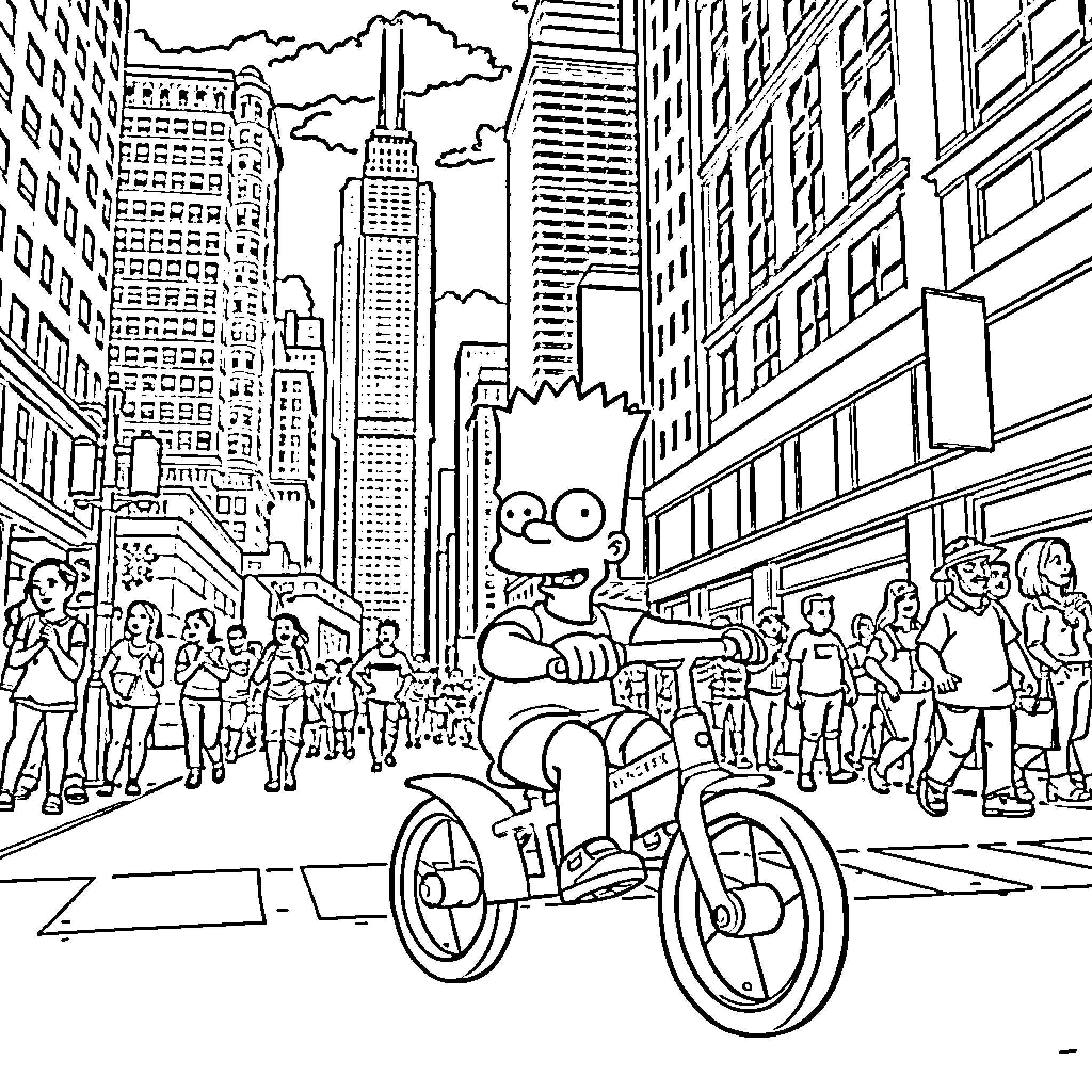 Bart's Thrilling Ride through the City Streets Coloring Page (free black-and-white line drawing printable PDF for all, from beginners to advanced learners, including children, teens, adults, and seniors)