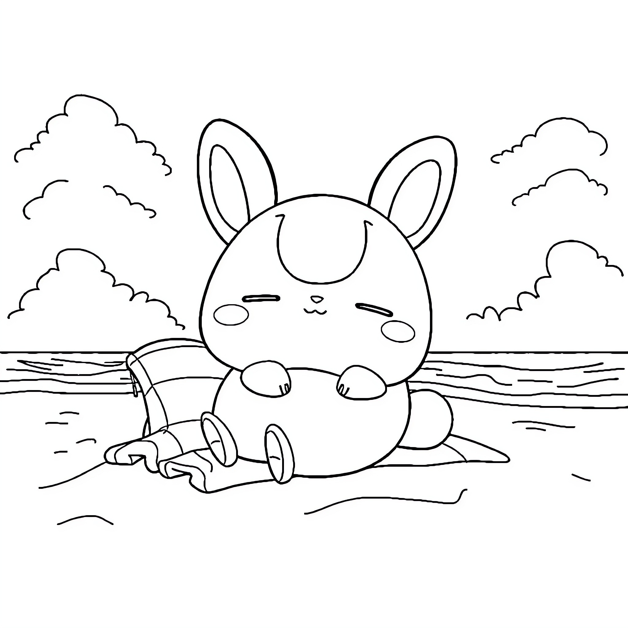Cinnamoroll playing happily by the beach Coloring Page (free black-and-white line drawing printable PDF for all, from beginners to advanced learners, including children, teens, adults, and seniors)