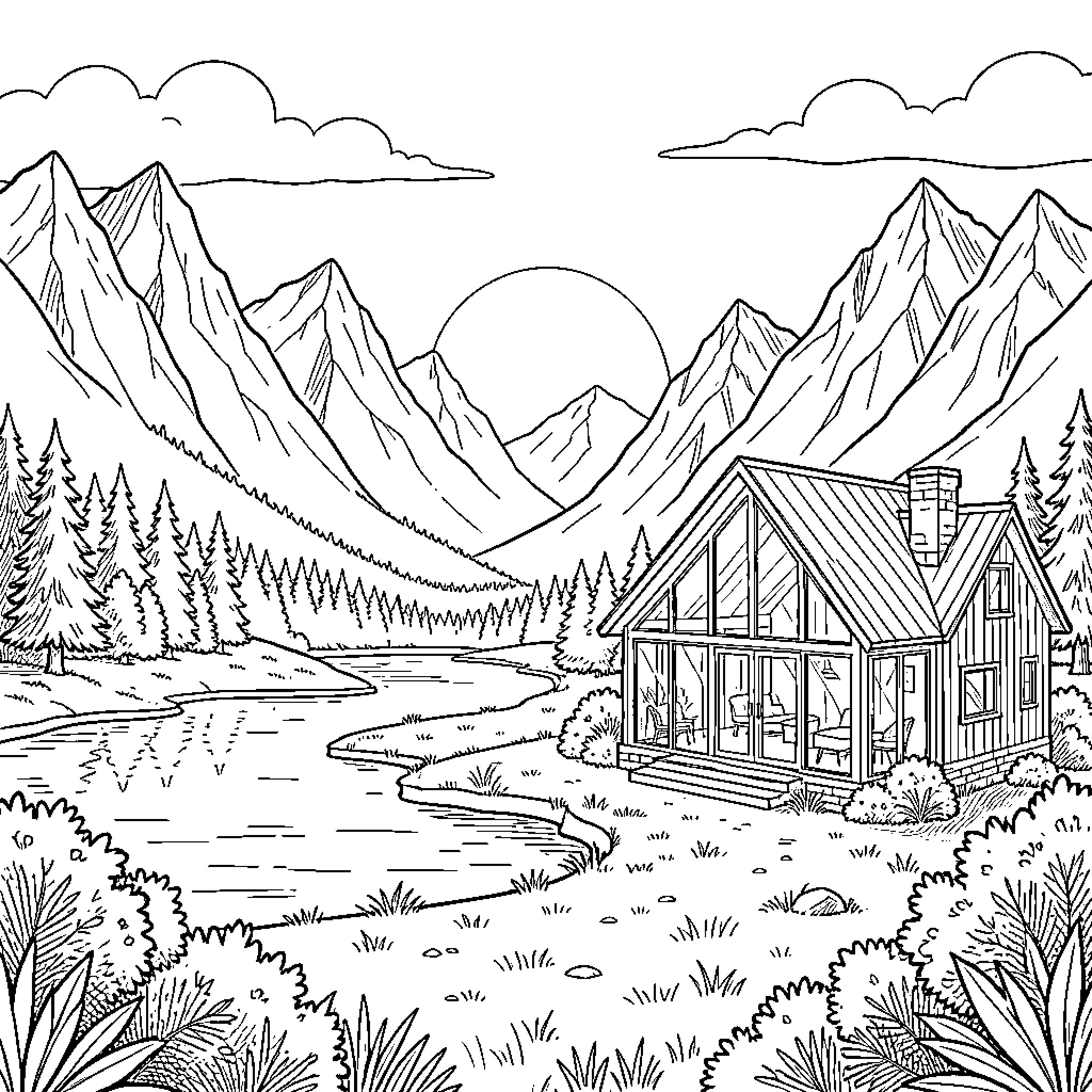 Landscape with a serene mountain cabin Coloring Page (free black-and-white line drawing printable PDF for all, from beginners to advanced learners, including children, teens, adults, and seniors)