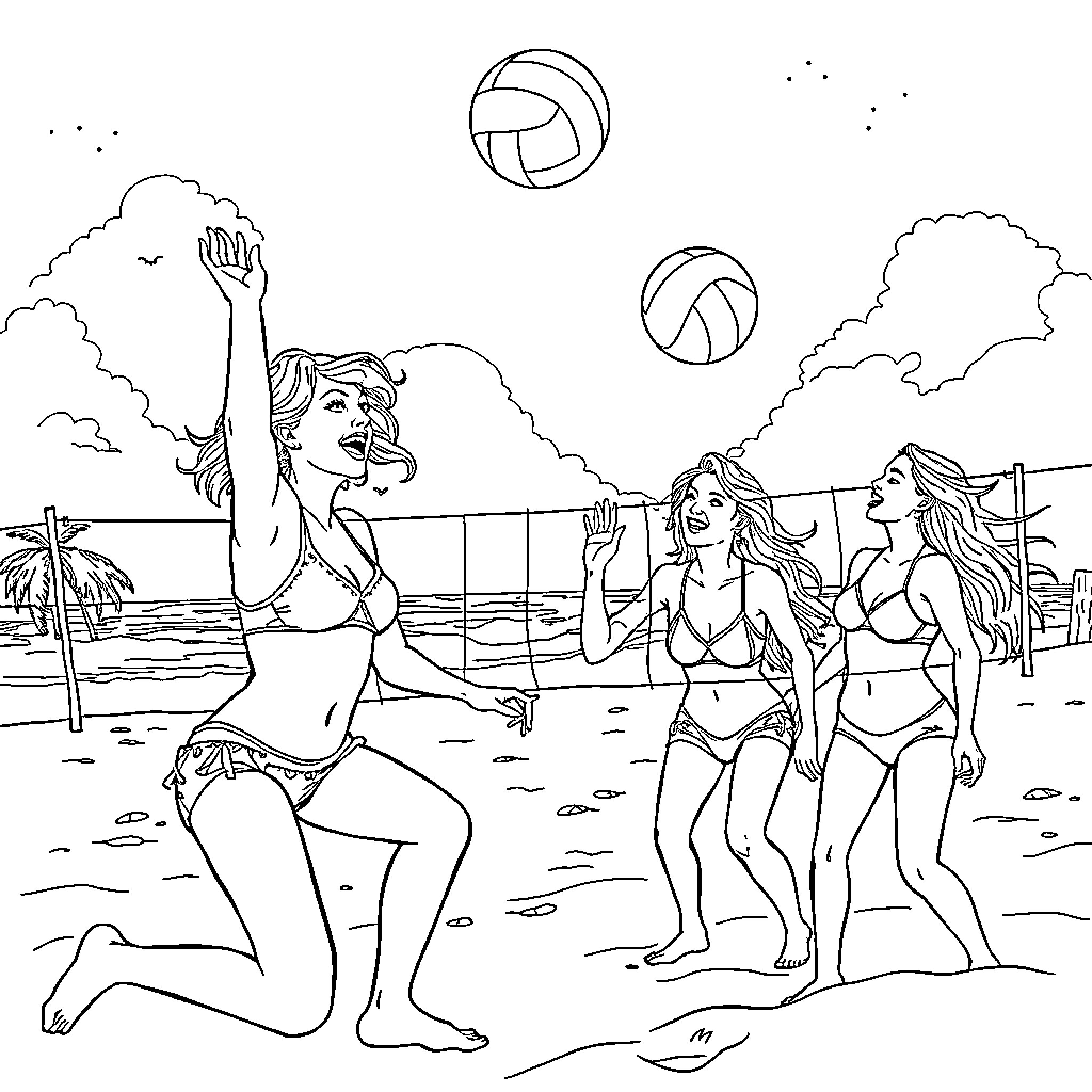 Taylor Swift and friends playing beach volleyball Coloring Page (free black-and-white line drawing printable PDF for all, from beginners to advanced learners, including children, teens, adults, and seniors)