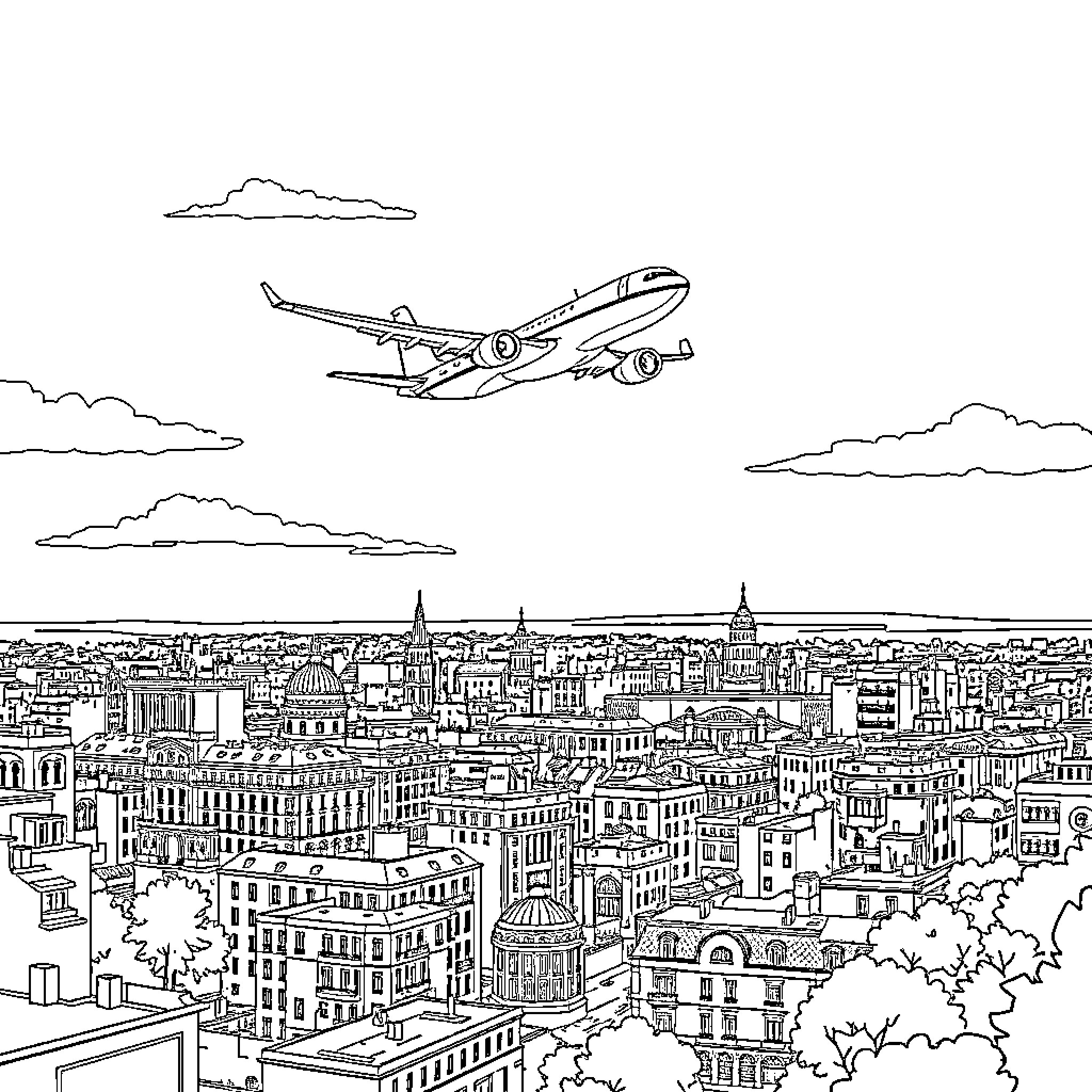 Airplane flying over a cityscape Coloring Page (free black-and-white line drawing printable PDF for all, from beginners to advanced learners, including children, teens, adults, and seniors)