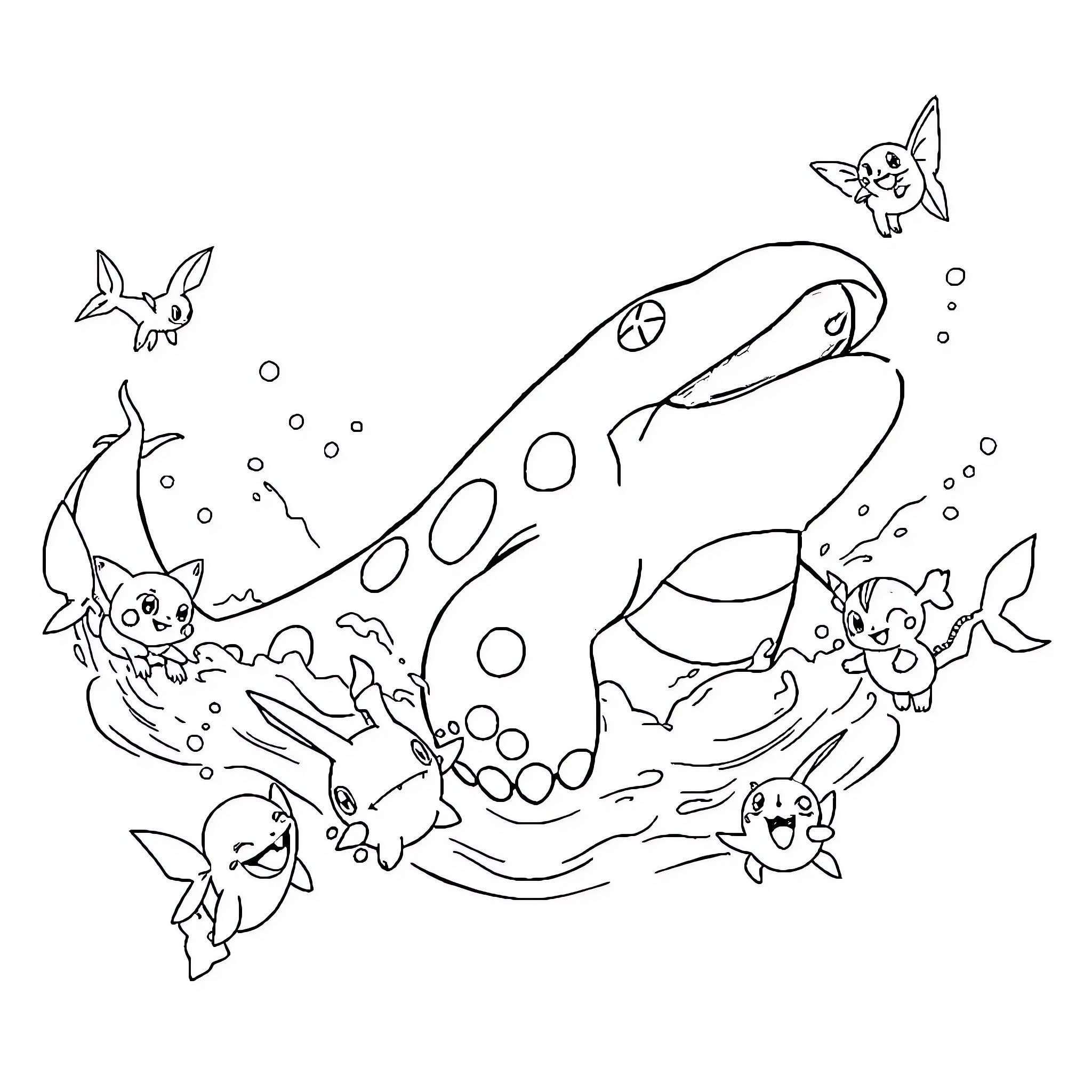 Kyogre playing underwater with sea creatures Coloring Page (free black-and-white line drawing printable PDF for all, from beginners to advanced learners, including children, teens, adults, and seniors)