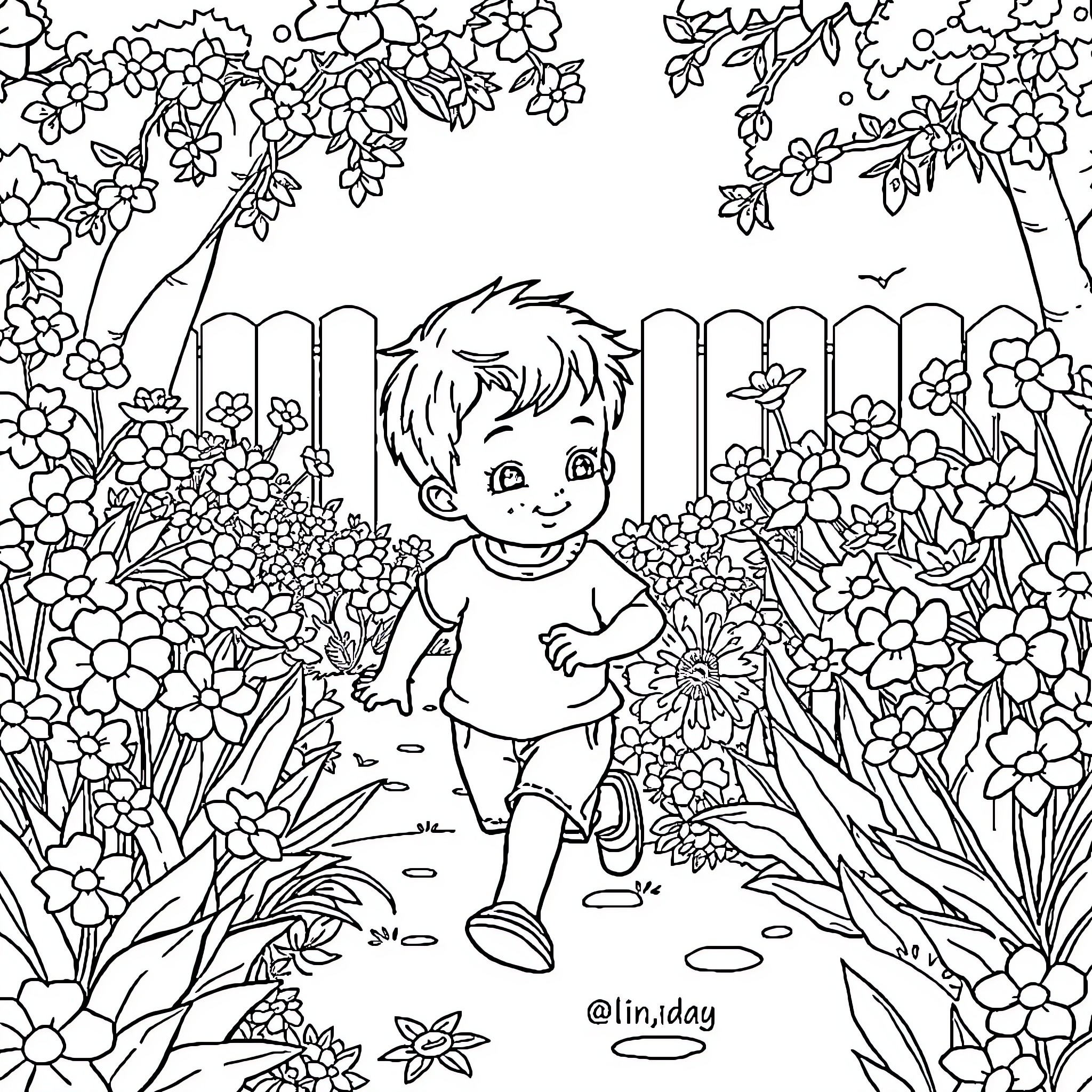 Niño exploring the beautiful floral garden Coloring Page (free black-and-white line drawing printable PDF for all, from beginners to advanced learners, including children, teens, adults, and seniors)