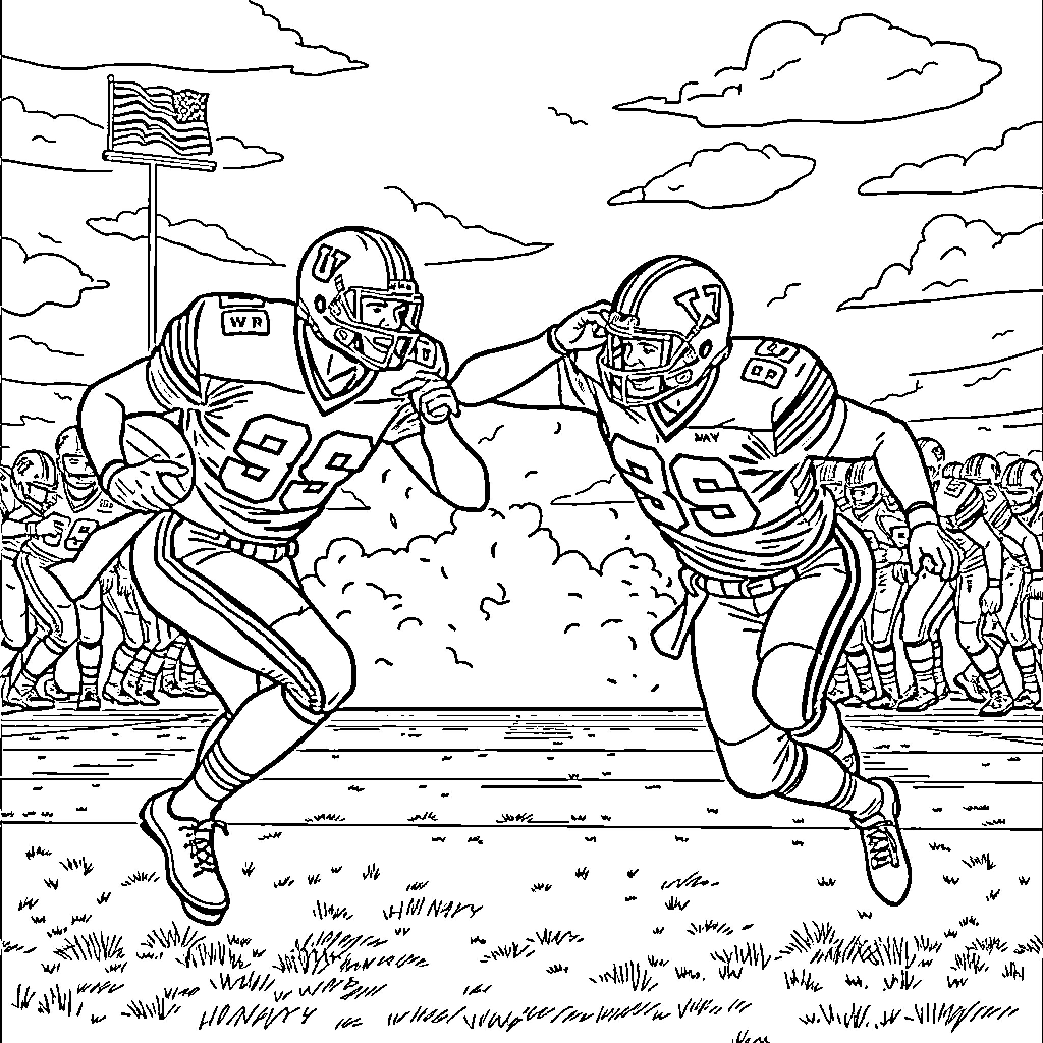Football players in action on the field Coloring Page (free black-and-white line drawing printable PDF for all, from beginners to advanced learners, including children, teens, adults, and seniors)
