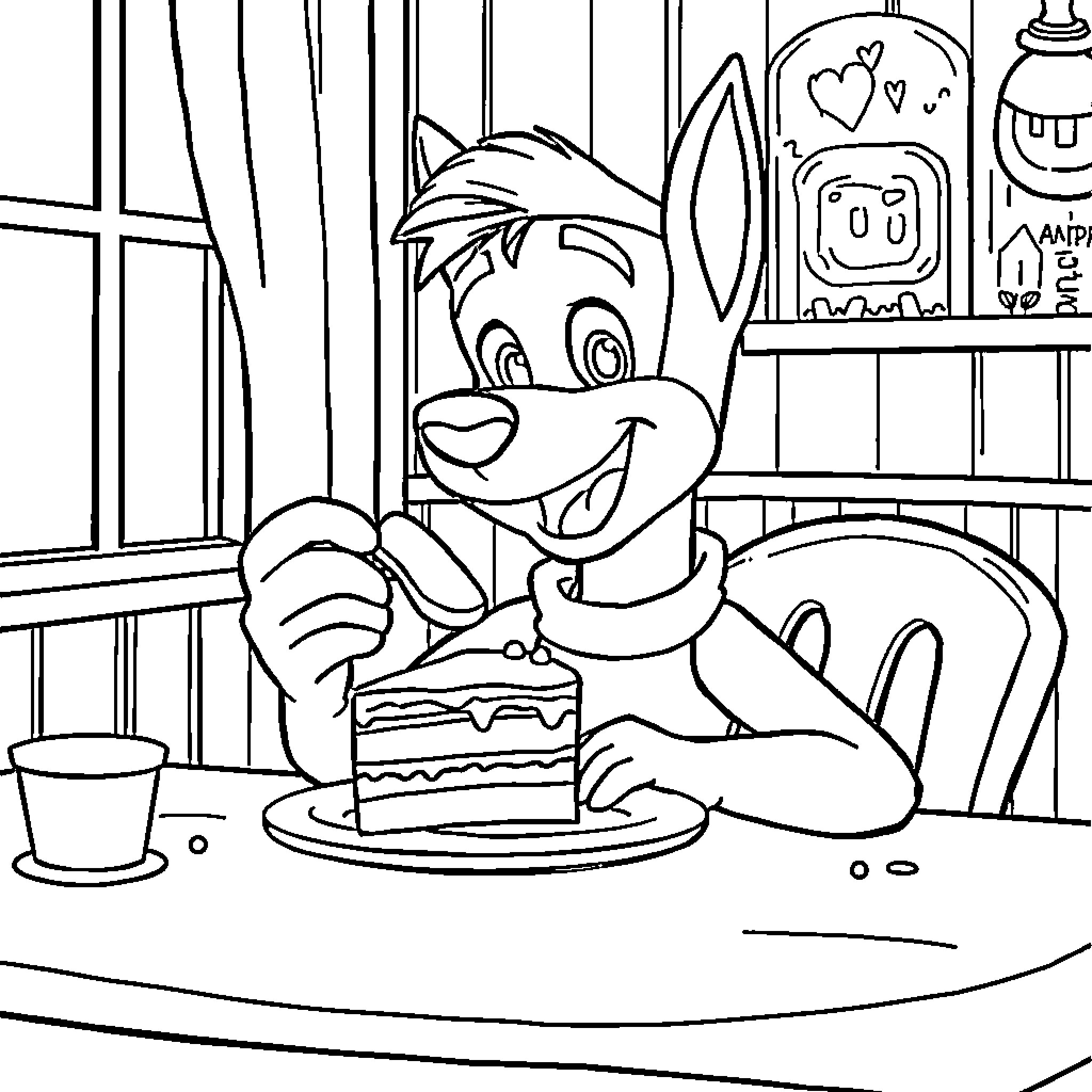 Chase's Delightful Cake Moment Coloring Page (free black-and-white line drawing printable PDF for all, from beginners to advanced learners, including children, teens, adults, and seniors)
