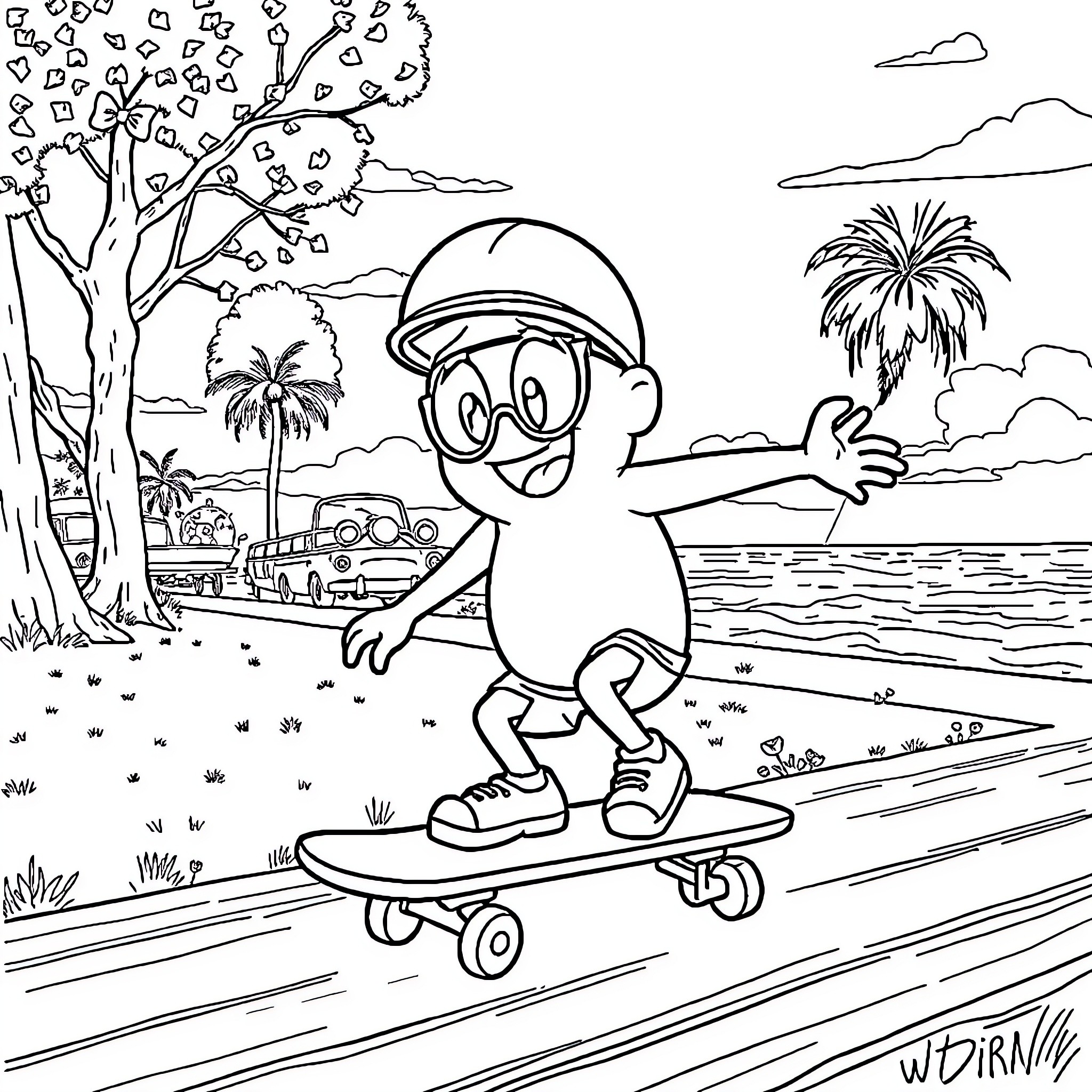 Bob l'éponge riding a skateboard on the beach Coloring Page (free black-and-white line drawing printable PDF for all, from beginners to advanced learners, including children, teens, adults, and seniors)