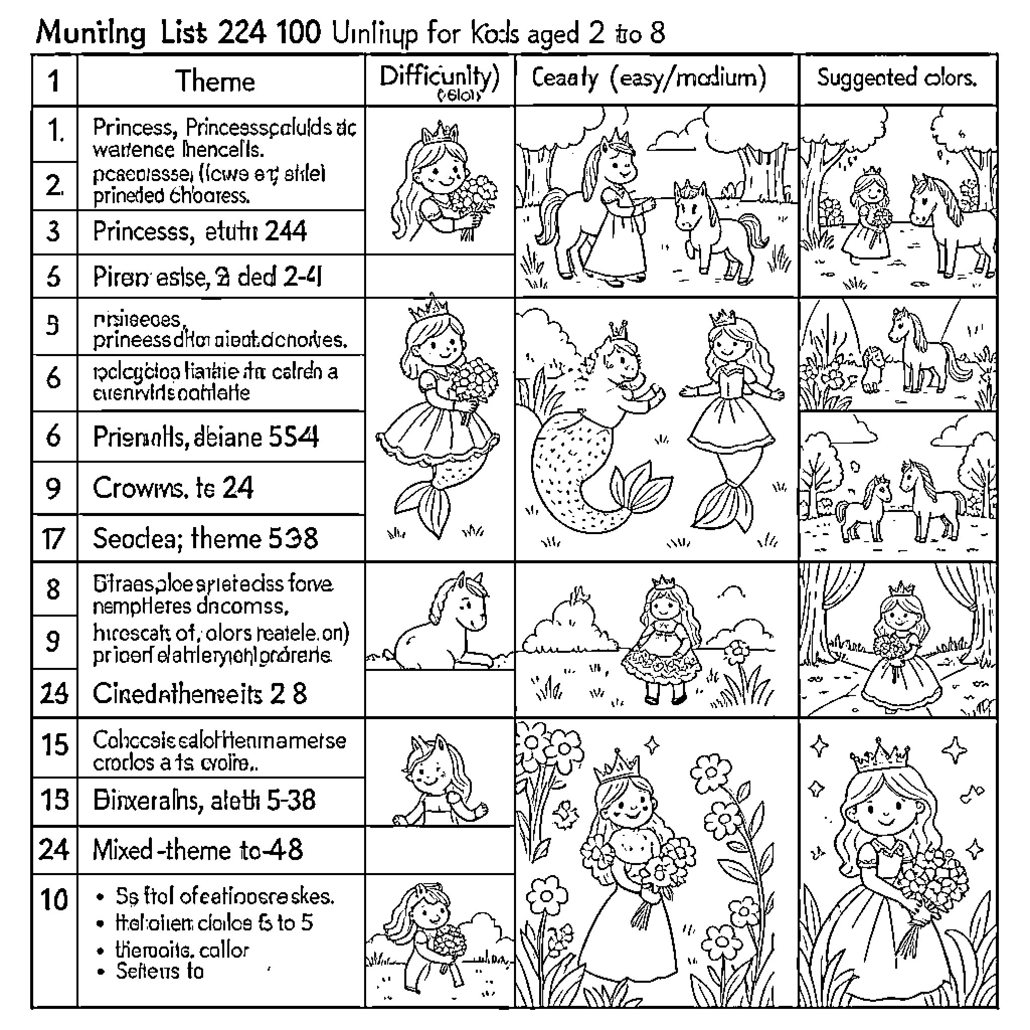 Children's Book Ideas of princesses and animals in nature Coloring Page (free black-and-white line drawing printable PDF for all, from beginners to advanced learners, including children, teens, adults, and seniors)