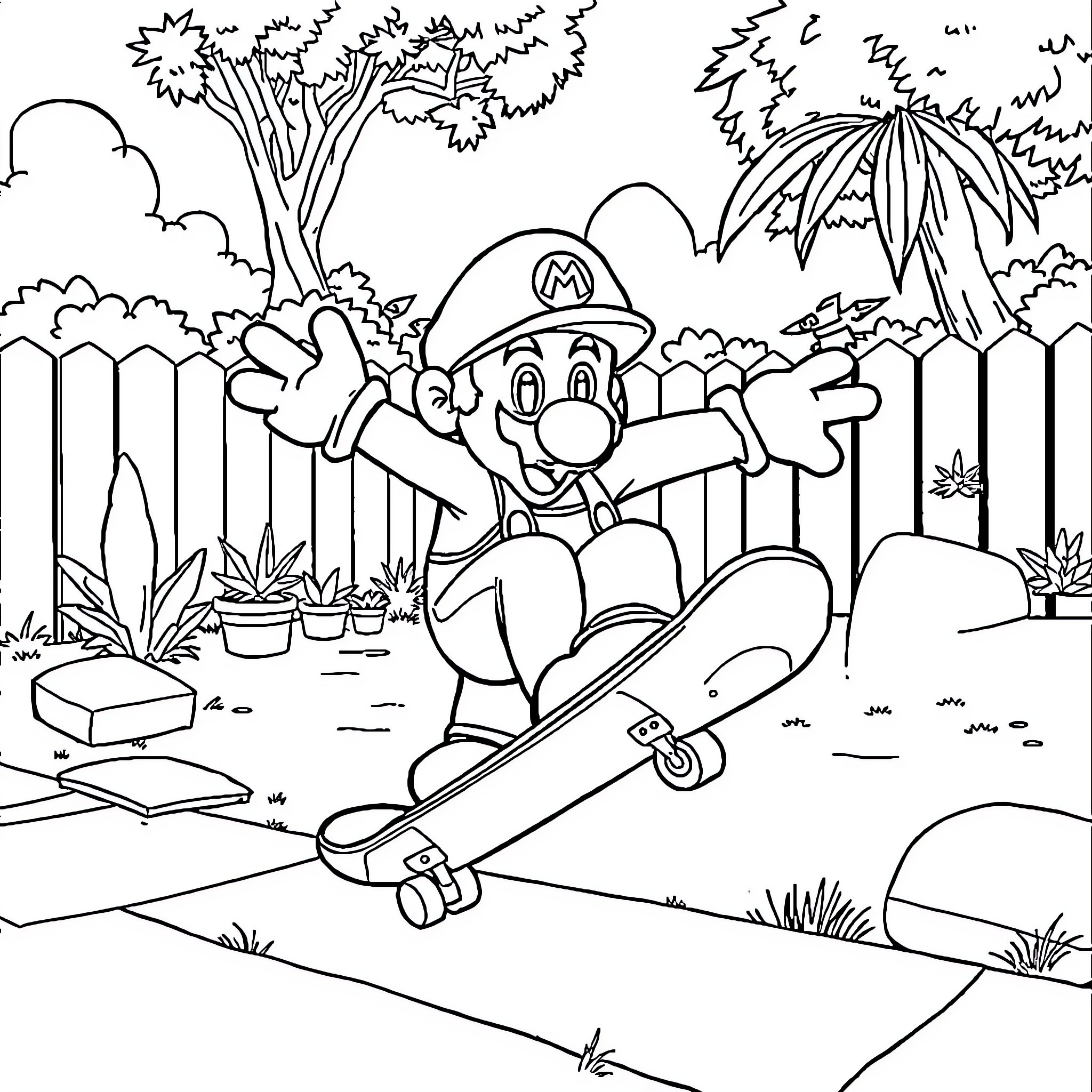 Mario Enjoying a Playful Outdoor Adventure Coloring Page (free black-and-white line drawing printable PDF for all, from beginners to advanced learners, including children, teens, adults, and seniors)