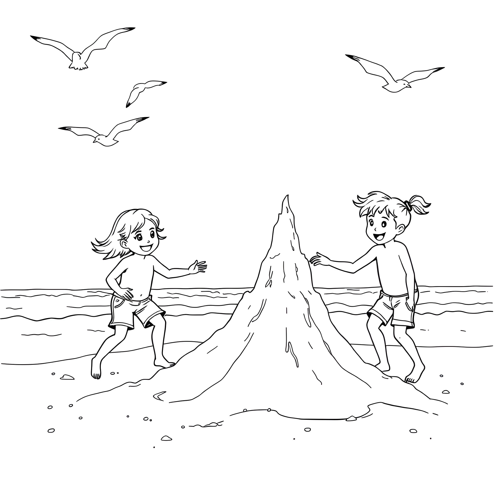 Person building sandcastle with friend on beach Coloring Page (free black-and-white line drawing printable PDF for all, from beginners to advanced learners, including children, teens, adults, and seniors)