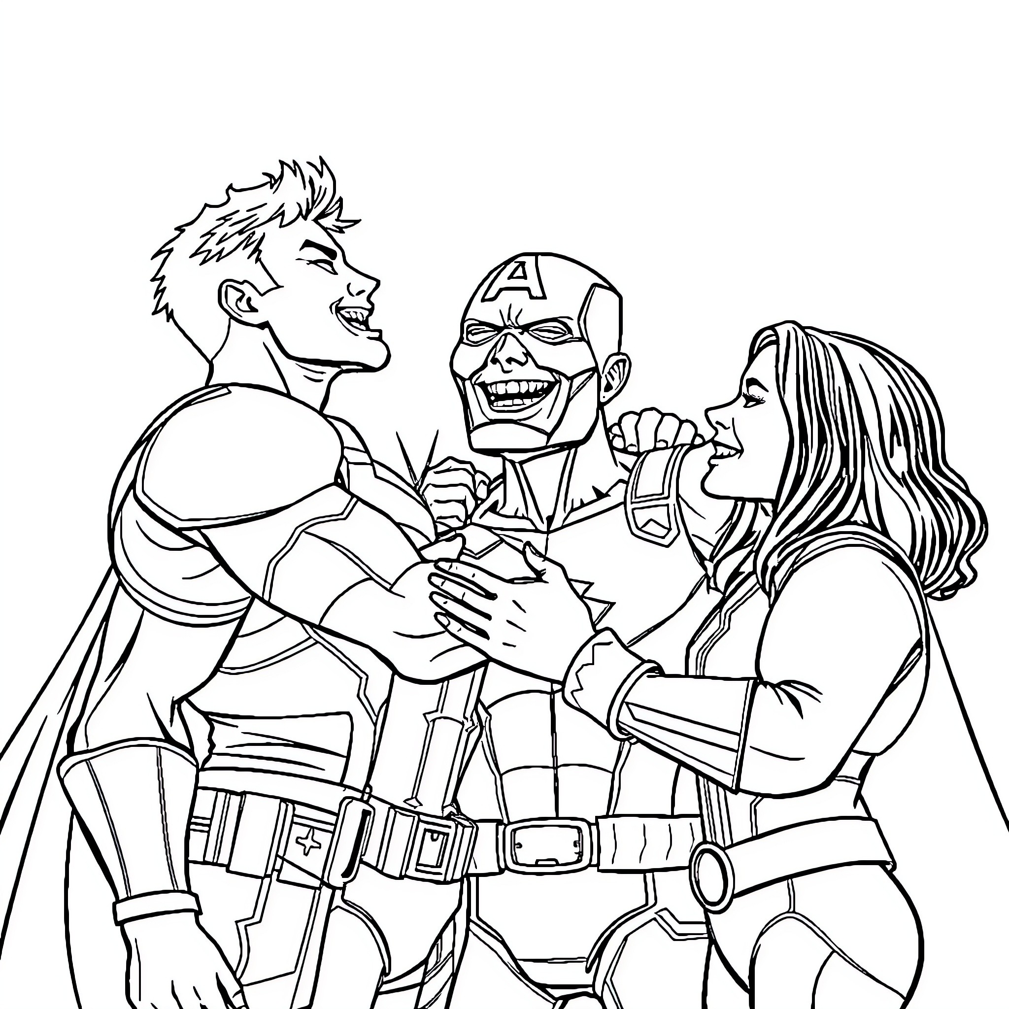 Avenger Superheroes in Action Pose Coloring Page (free black-and-white line drawing printable PDF for all, from beginners to advanced learners, including children, teens, adults, and seniors)