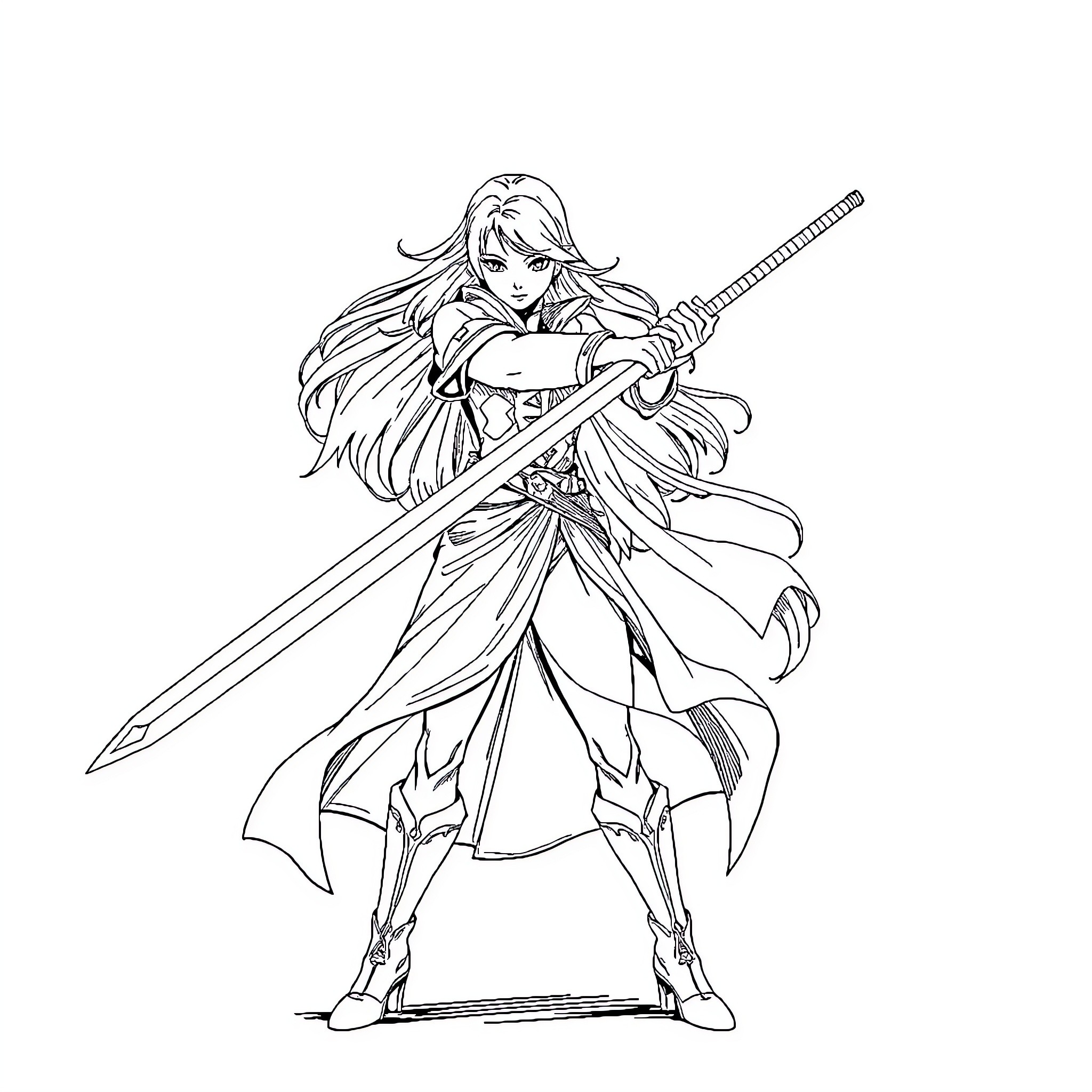2B Wielding Sword with Determination Coloring Page (free black-and-white line drawing printable PDF for all, from beginners to advanced learners, including children, teens, adults, and seniors)