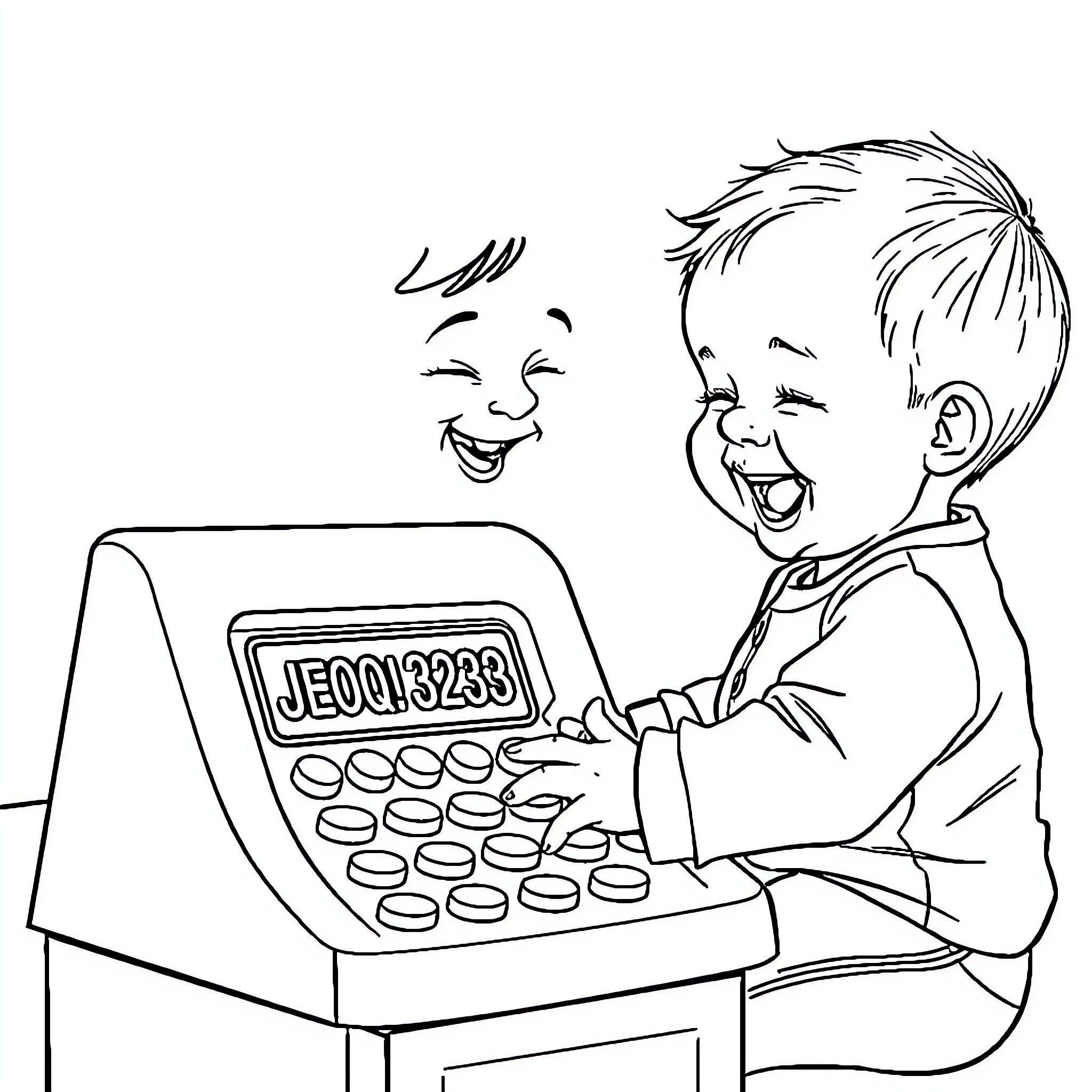 Boy playing happily with calculator at desk Coloring Page (free black-and-white line drawing printable PDF for all, from beginners to advanced learners, including children, teens, adults, and seniors)
