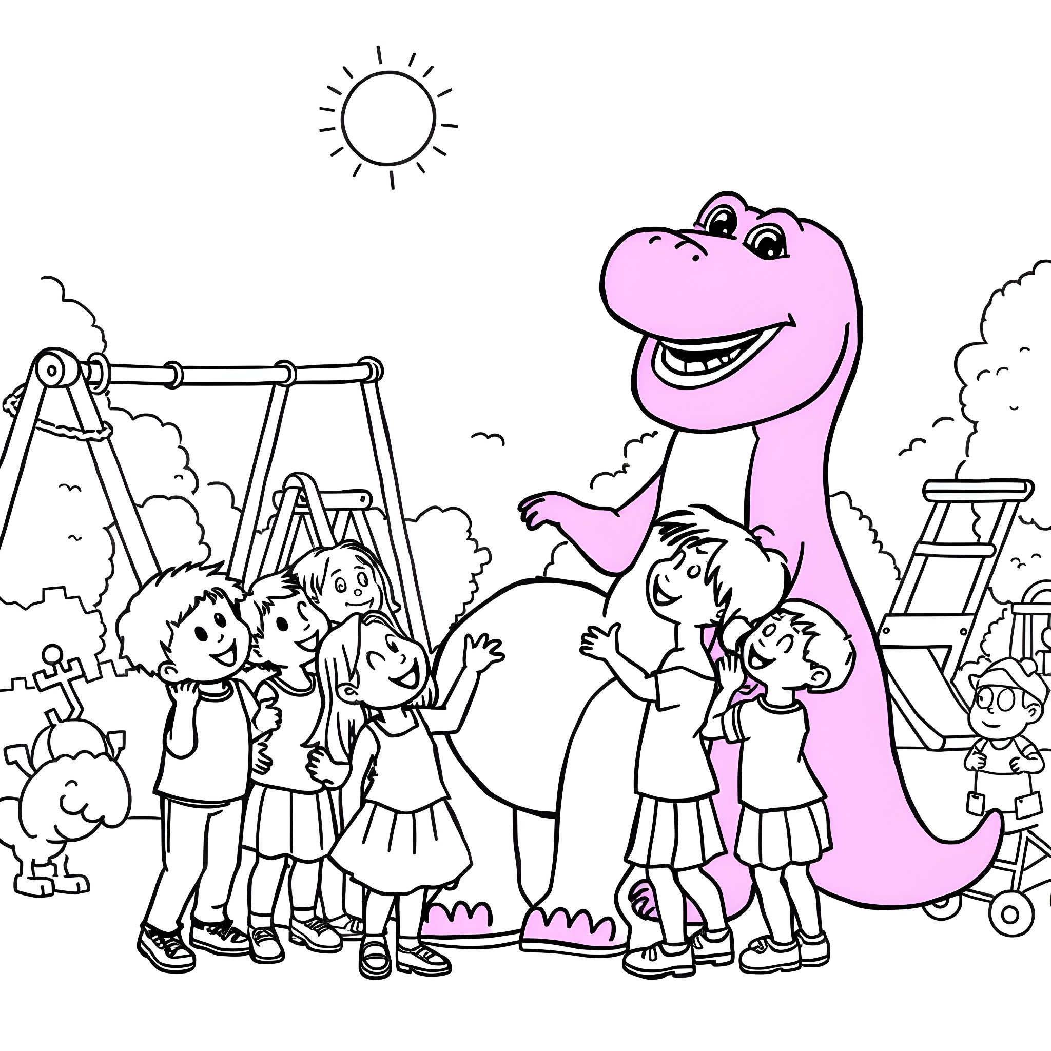 Barney's Playful Gathering with Friends at the Park Coloring Page (free black-and-white line drawing printable PDF for all, from beginners to advanced learners, including children, teens, adults, and seniors)